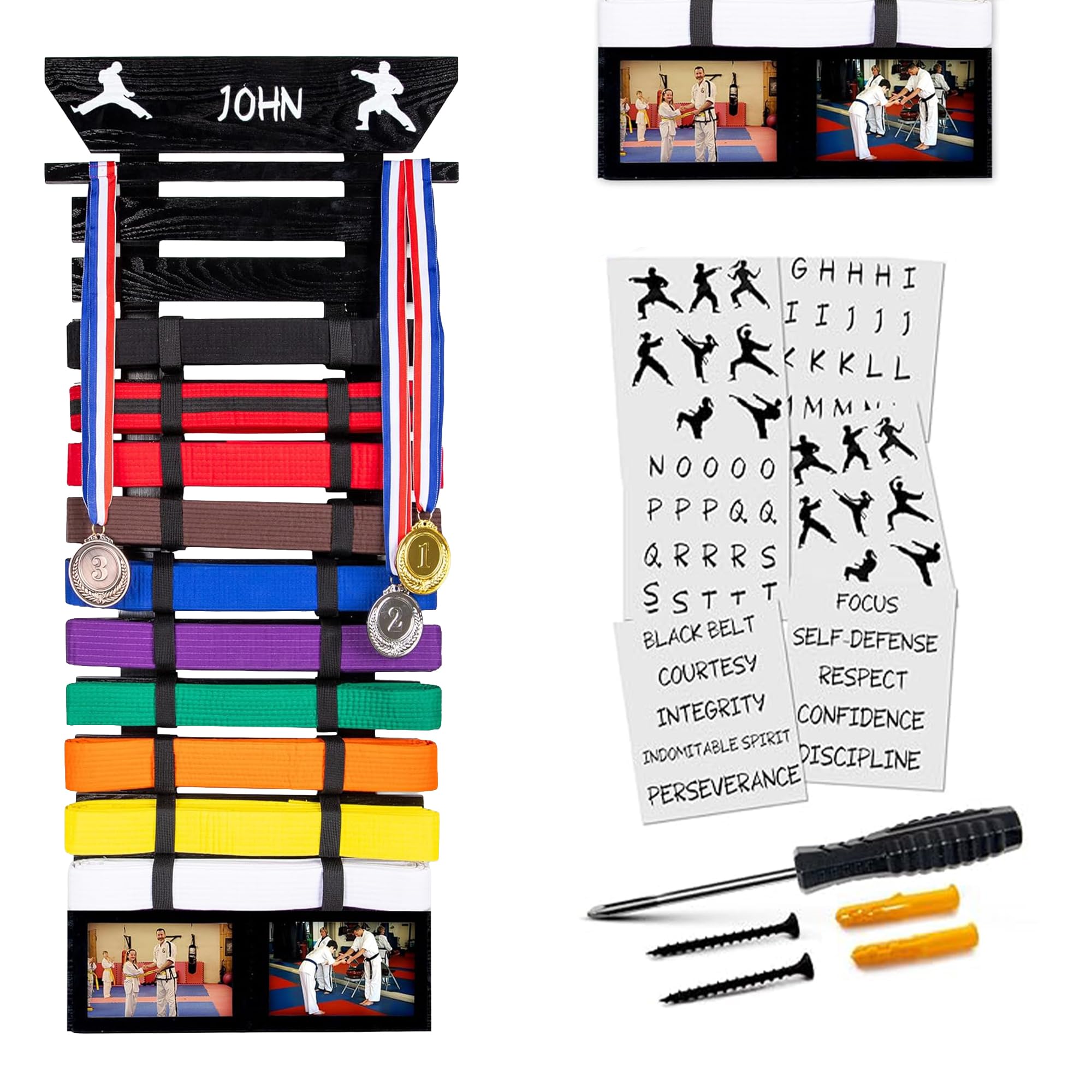 Optimus Depot Karate Belt Display Rack - Taekwondo Belt Display with Customization Stickers, 2 Picture Frames, Self-Adhesive Adjustable Strips &