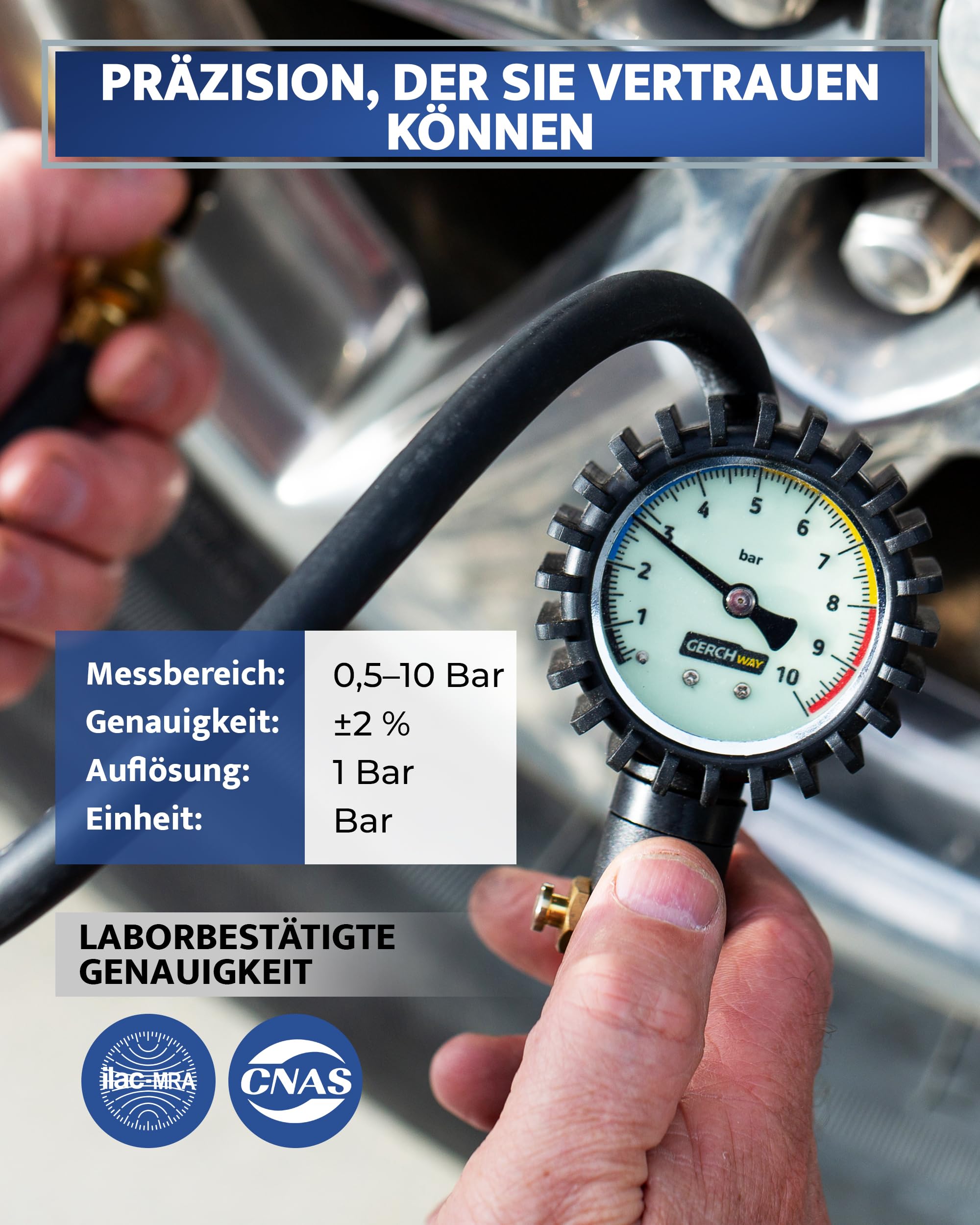 GERCHWAY Reifenfüller mit Manometer – Präziser, robuster 0-10 bar Druckluft Reifendruckfüller für Kompressor – Extra langer 50 cm Schlauch – Luftdruckprüfer für Auto, Motorrad, LKW & Werkstatt