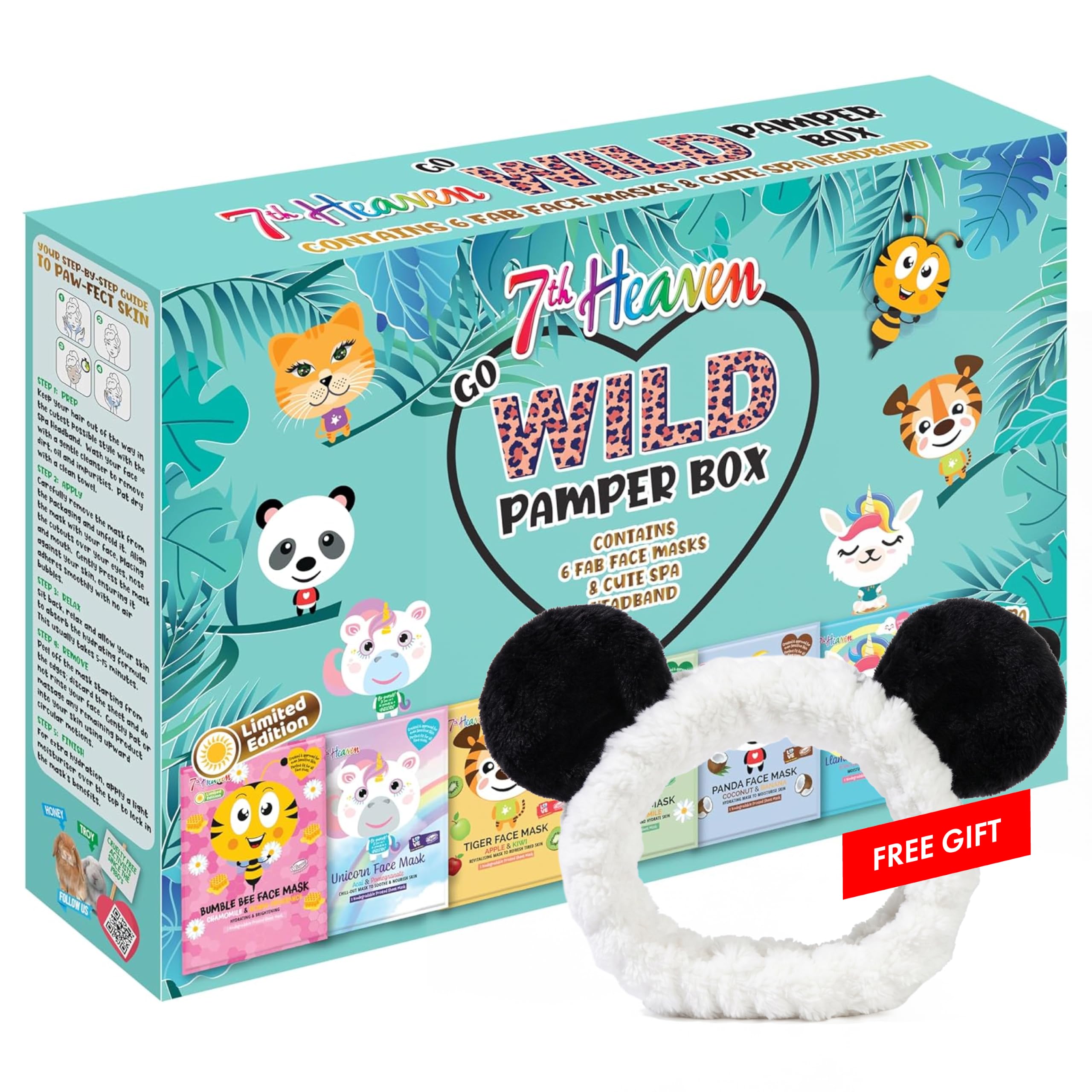 7th Heaven Go Wild Pamper Box Skincare Gift Set for Children, 6 Printed Animal Sheet Face Masks to Soothe, Hydrate and Moisturise Sensitive Skin, Plus Soft Panda Headband for Parties and Sleepovers