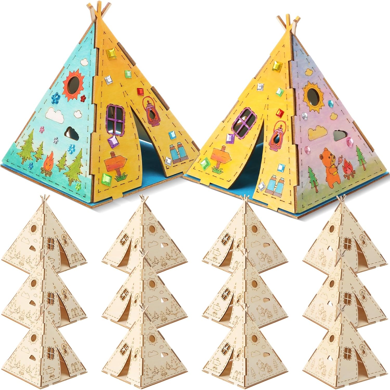 DoubleFill 12 Pcs Camping Crafts Paint Wood Tent for Kids Camping Activities DIY Summer Camp Craft Ornament for Kids Birthday Party Favor Home Vbs Sunday School Art Classroom Nursery (Tent)