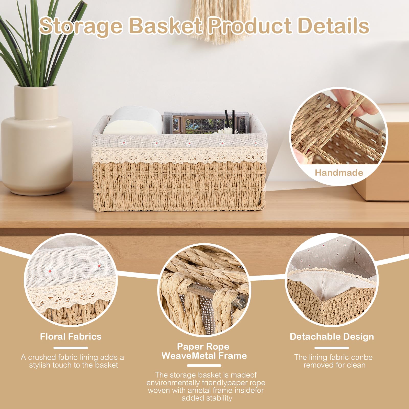 FoiiLiio Panier Rangement, Lot de 3 Paniers de Rangement Tressés, Paniers et boîtes de Rangement, Corbeille Rangement pour Salle de Bain, Cuisine, Organisateur Table a Langer Bebe (Beige)
