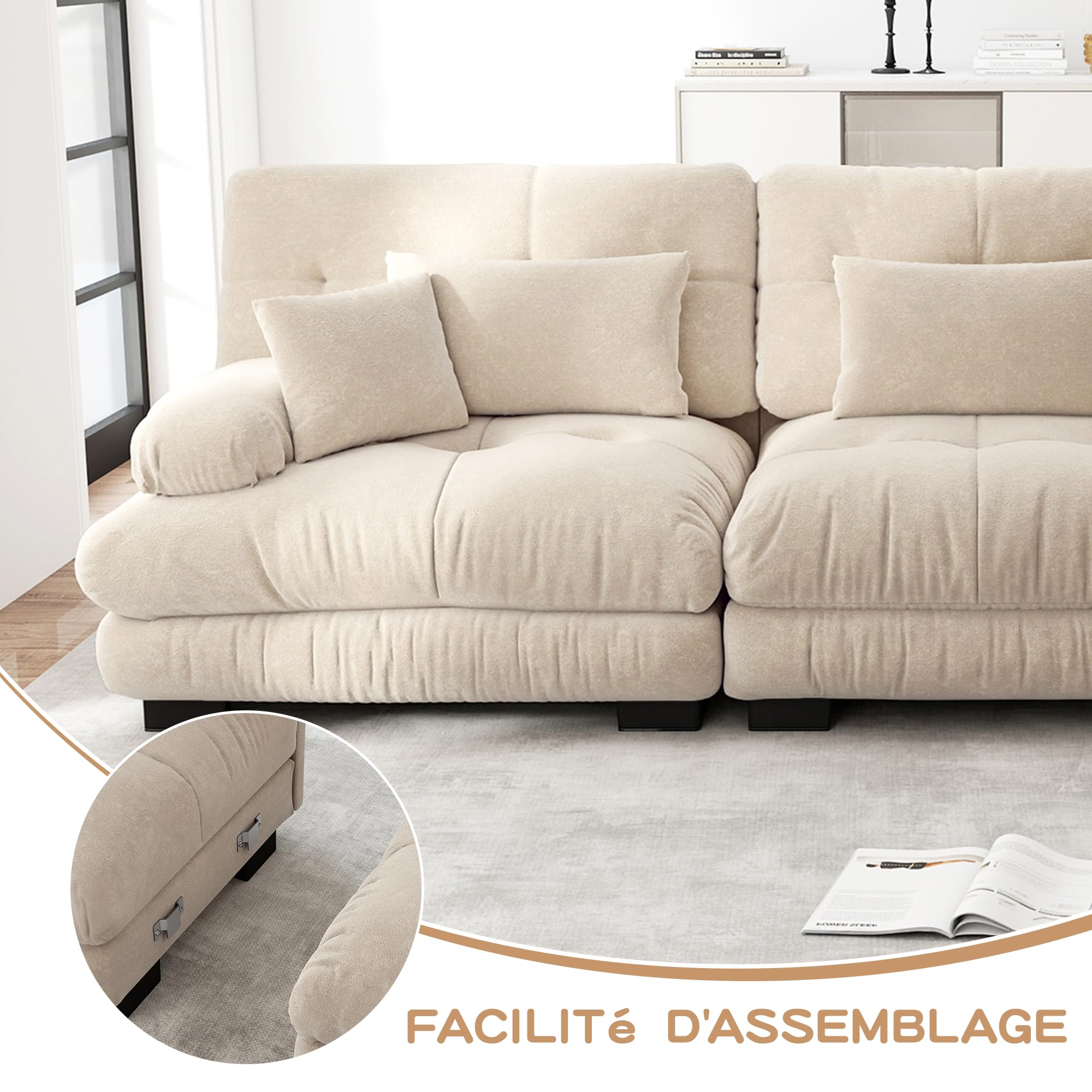 Yihomfy Canapé Modulable Moderne Cloud avec pouf,Canapé D'angle 2/3/4/5 Places en Chenille avec Assise Profonde et Coussins,Idéal Pour le Salon,La Chambre ou un Appartement (Beige, 3 Places + 2 Poufs)