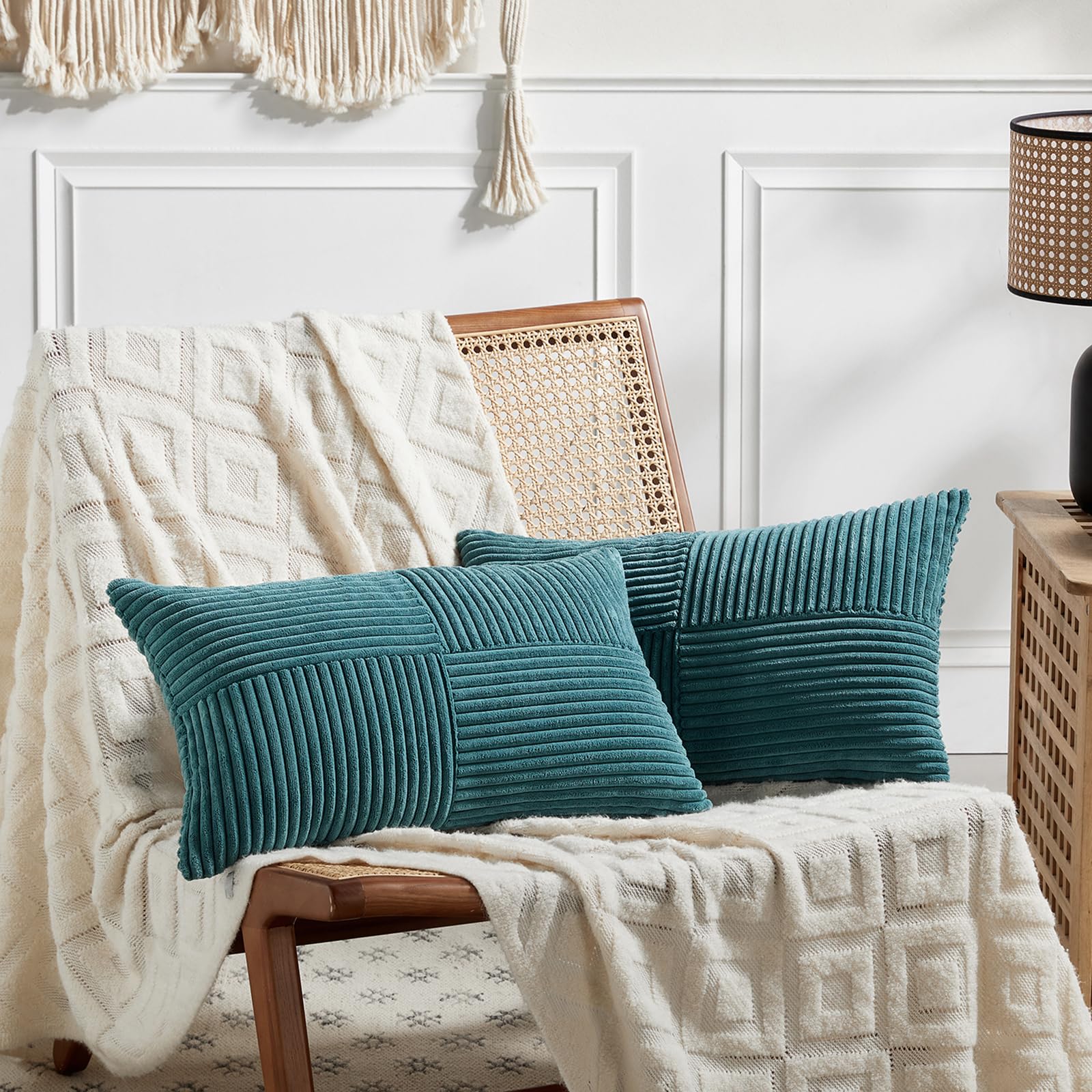 Fancy Homi 2 Packs Teal Lumbar Decorative Throw Pillow Covers 16x26 Inch for Living Room Couch Bed Sofa, Boho Home Decor, Soft Striped Corduroy Rectangle Accent Beige Cushion Case 65x40 cm — image 1