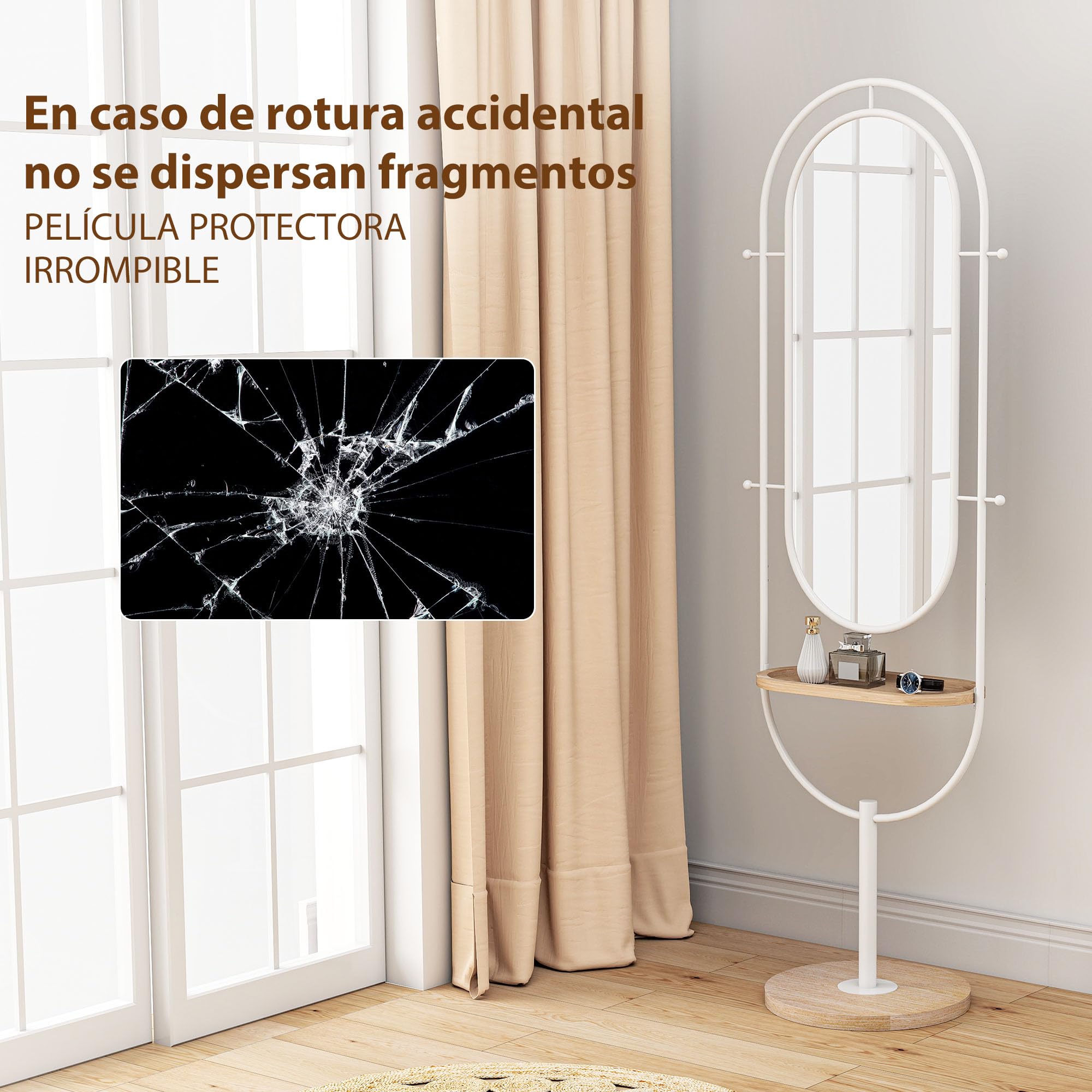 HOMCOM Espejo de Cuerpo Entero 175,5x50 cm con Bandeja de Madera y 4 Ganchos Espejo de Pie con Marco de Metal para Dormitorio Salón Blanco