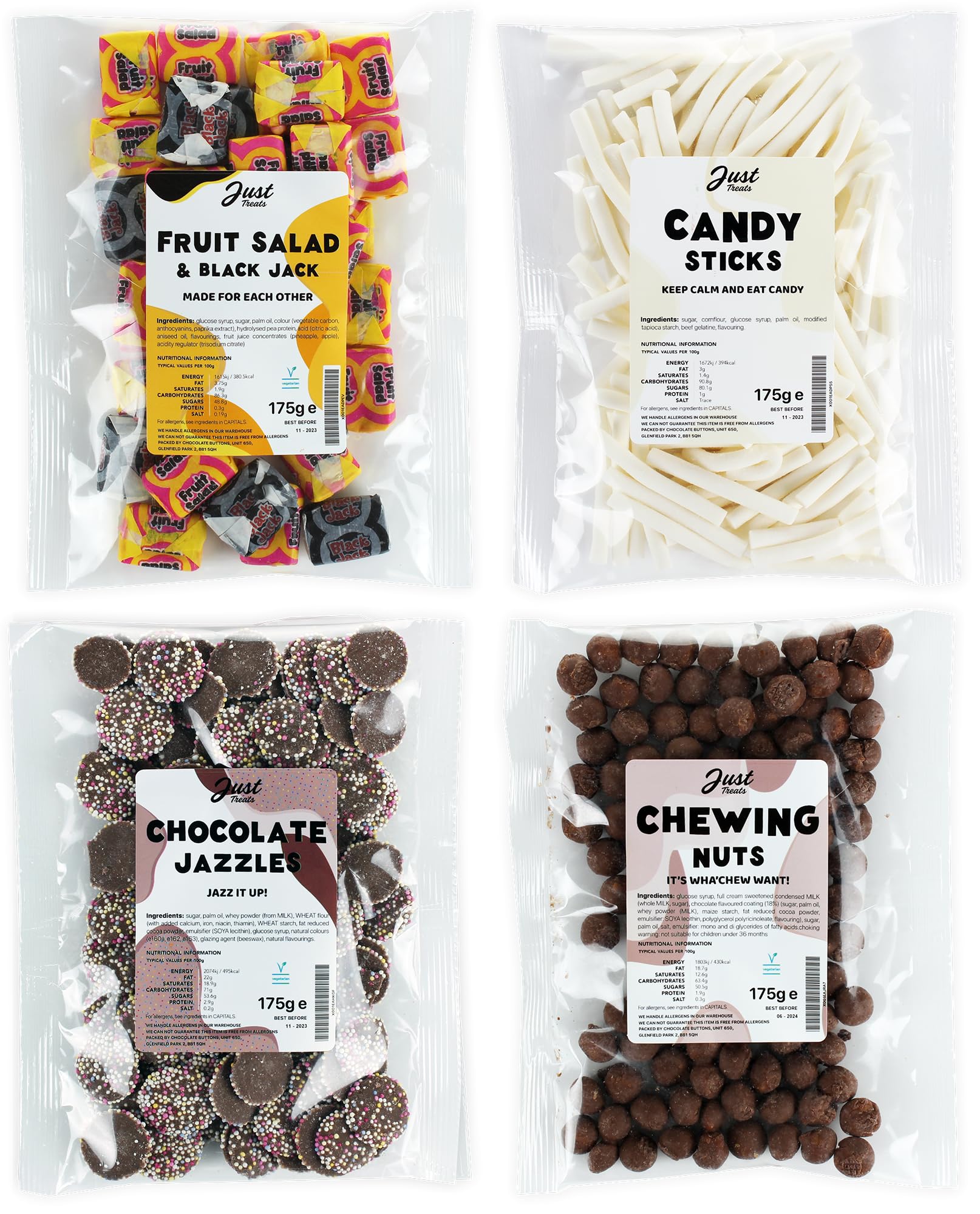 Just TreatsSweet Quartet - Fruit Salad & Black Jacks, Candy Sticks, Choc Jazzles & Chewing Nuts (4 x 175g Bags) - 4,5,13,29