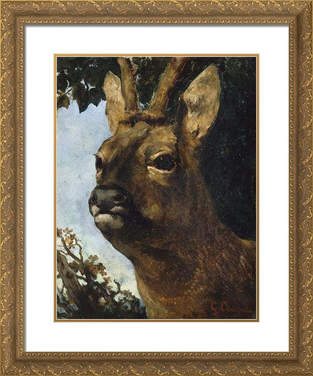 ArtDirect Courbet, Gustave 20x24 Black Ornate Framed Art Print with Double Matting Titled: Head of a Young Doe