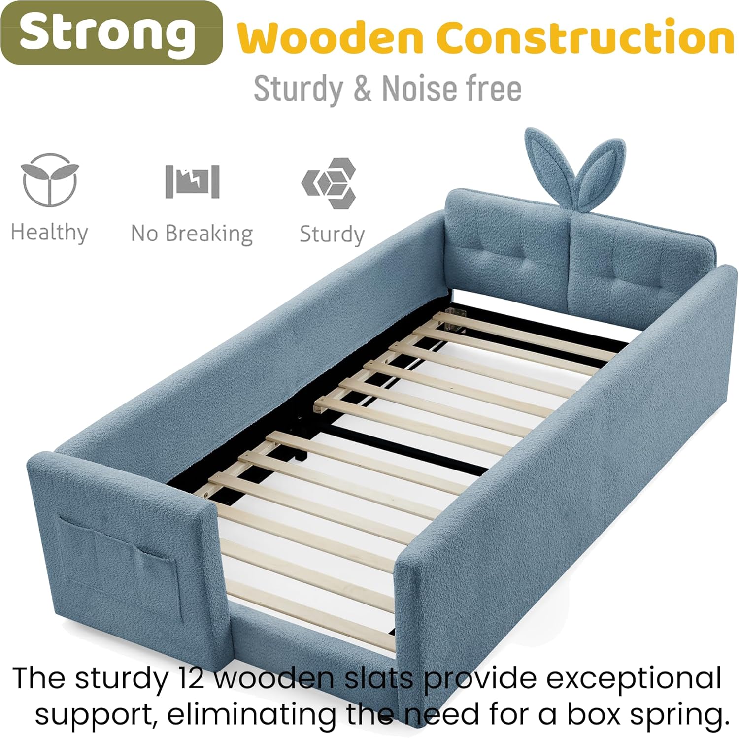 Twin Bed Frames for Kids,Boucle Upholstered Platform Bed with Rabbit Ear Shaped Headboard,Safety Rail & Side Storage Pocket,Low Profile Floor Bed for Boys Girls,No Box Spring Needed,Sky blue