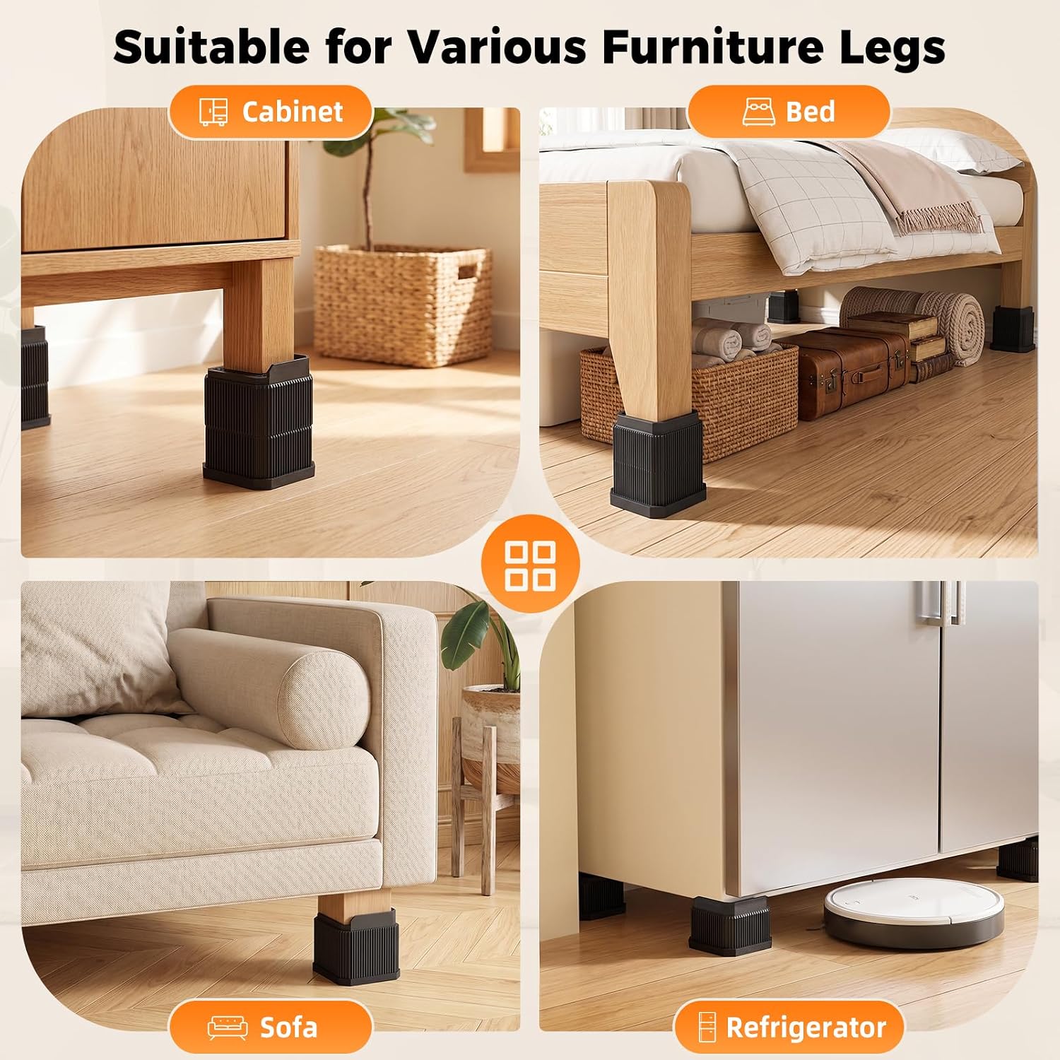 4pcs Bed Risers 2 Inch, Stackable Furniture Risers for 1100lbs | Couch Leg Lift Adjust Height for Sofa, Desk, Chair, Non-Slip Table Risers Protect Floors, Create Extra Storage, Easy to Clean
