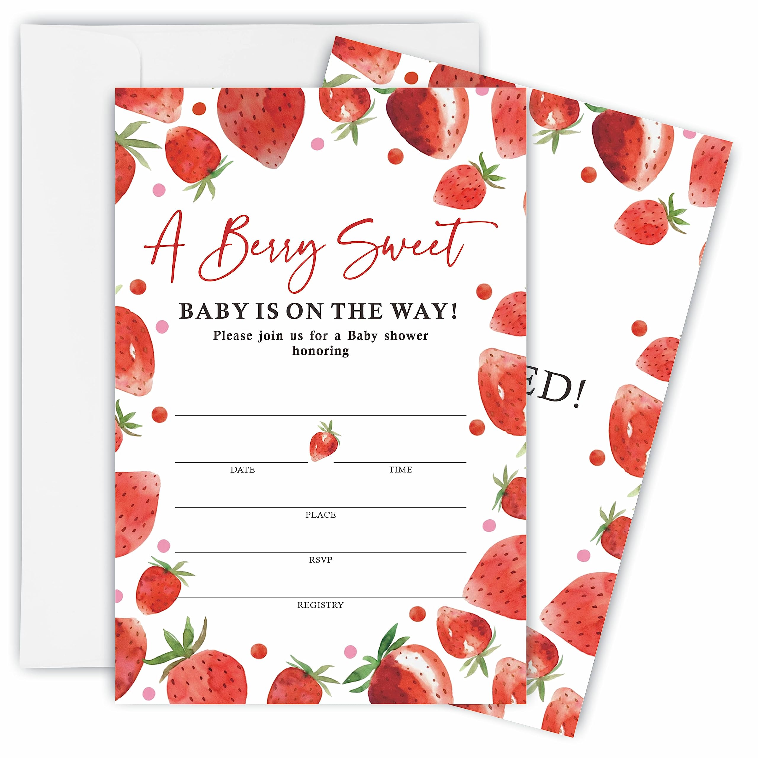 TPYEN Watercolor Baby Shower Invitations, Strawberry Baby Shower Fill-In Invitation Cards With Envelopes - Gender Reveal Party Decorations &