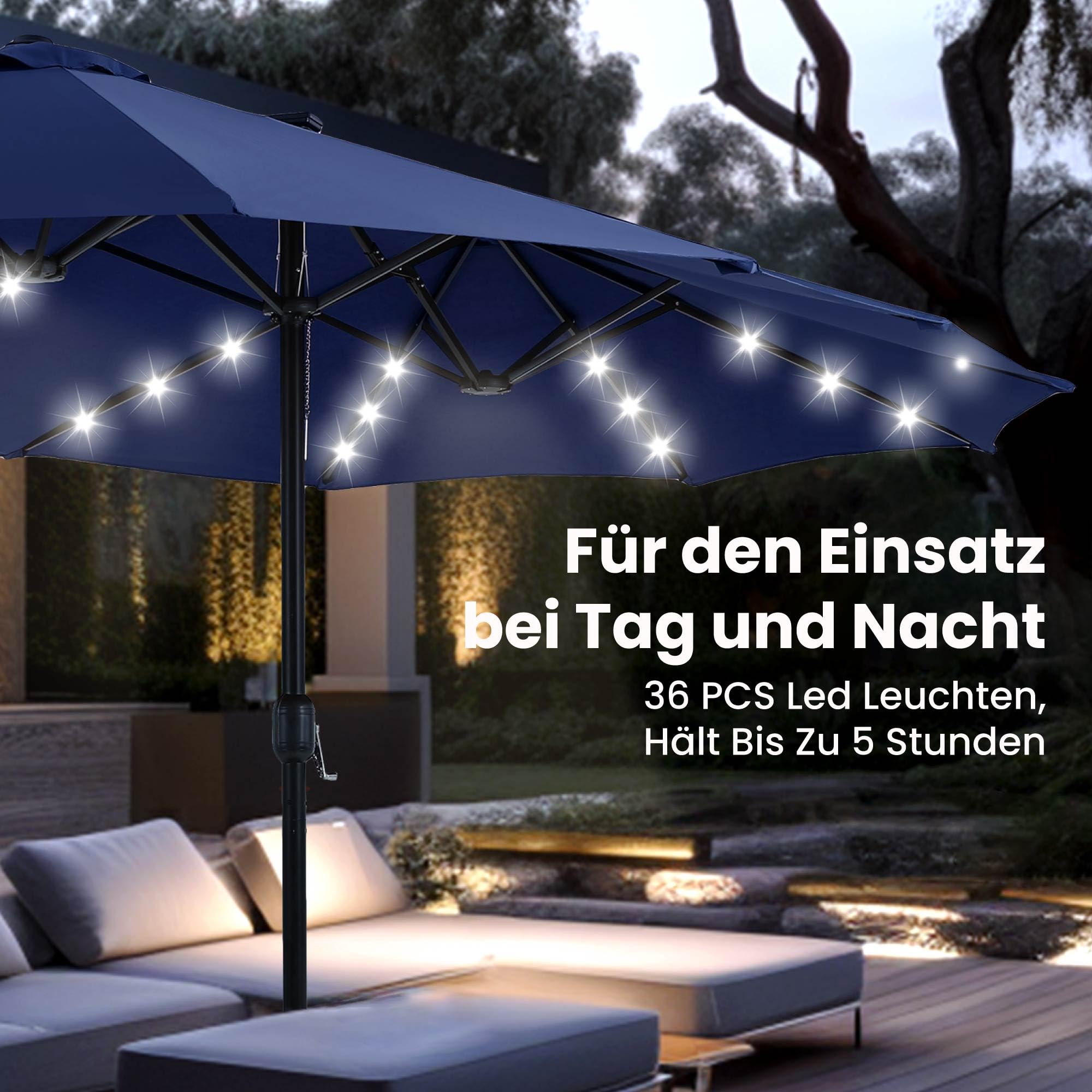 PHI VILLA Sombrilla rectangular con soporte, 450 x 270 cm, para balcón, jardín, jardín, con manivela LED, protección UV, resistente al viento