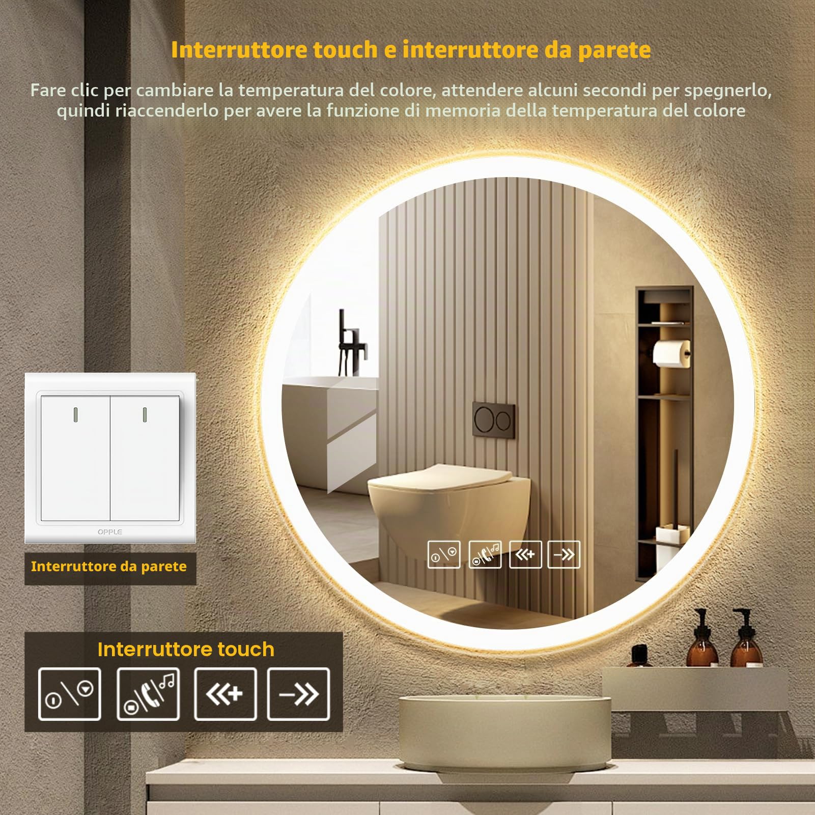 Specchio da bagno con luci LED da parete, antiappannamento, dimmerabile in 3 colori, LED, vetro temperato HD, specchio intelligente Bluetooth, bagno, 60 x 60 cm