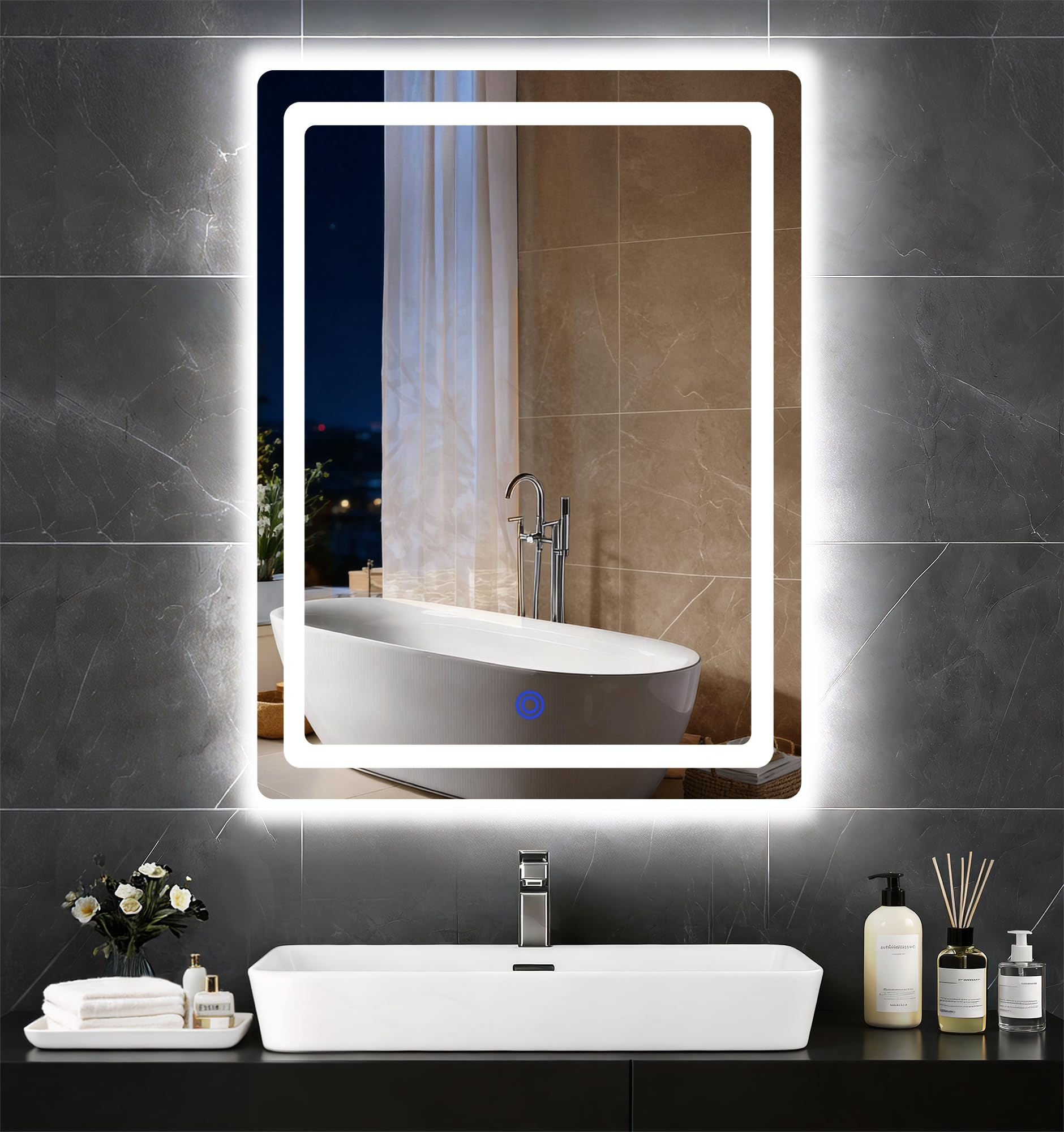 18 x 24 LED Bathroom Smart Mirror Rectangle Mirror with Three Color Light Temperature Brightness Settings Backlit Front