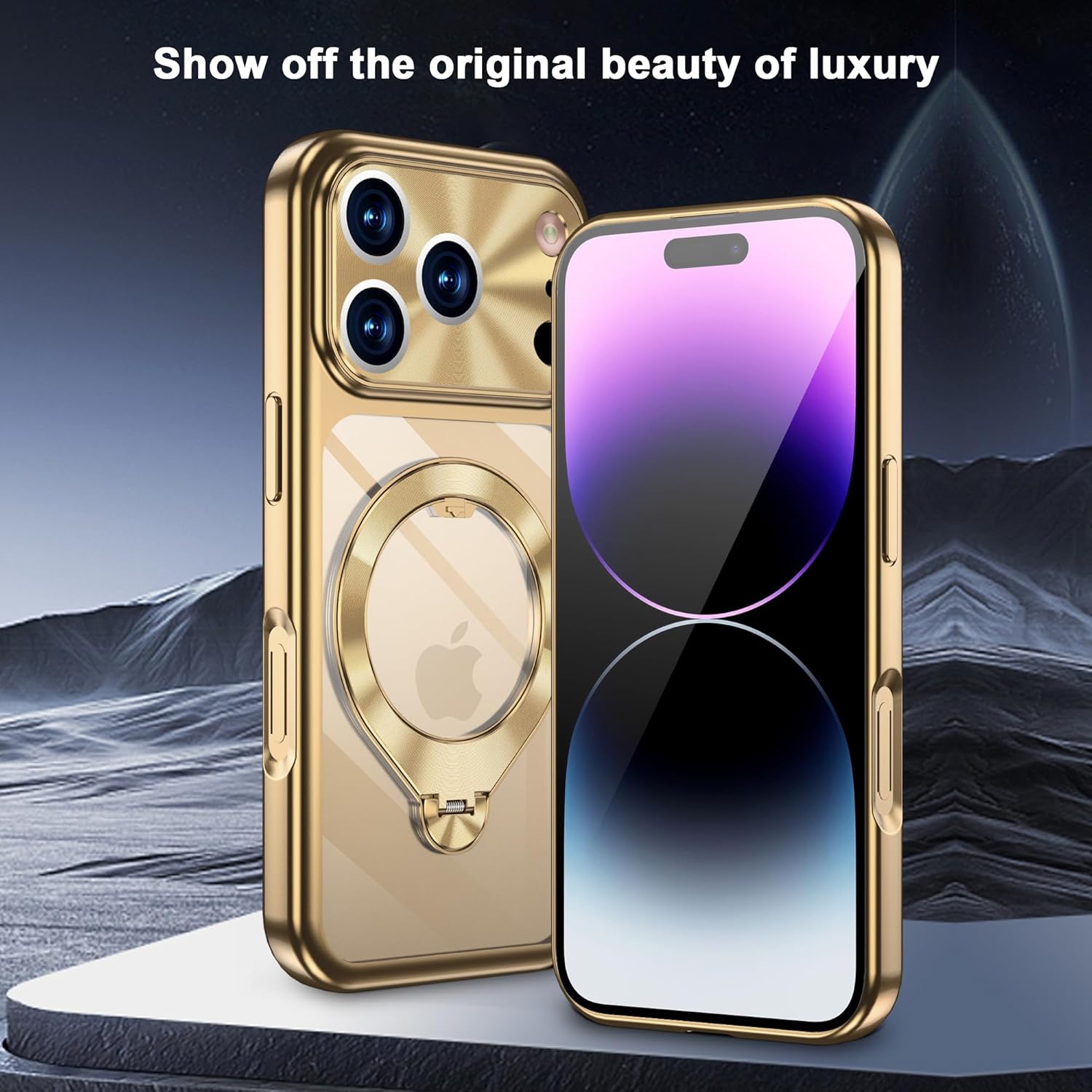 iPhone 17 Pro Case with Ring Stand CD Metal 360 Spin Invisible Magnetic Kickstand Fit for Magsafe Electroplated Titanium Bumper with Camera Cover Military Drop Protection for Men Woman Gold