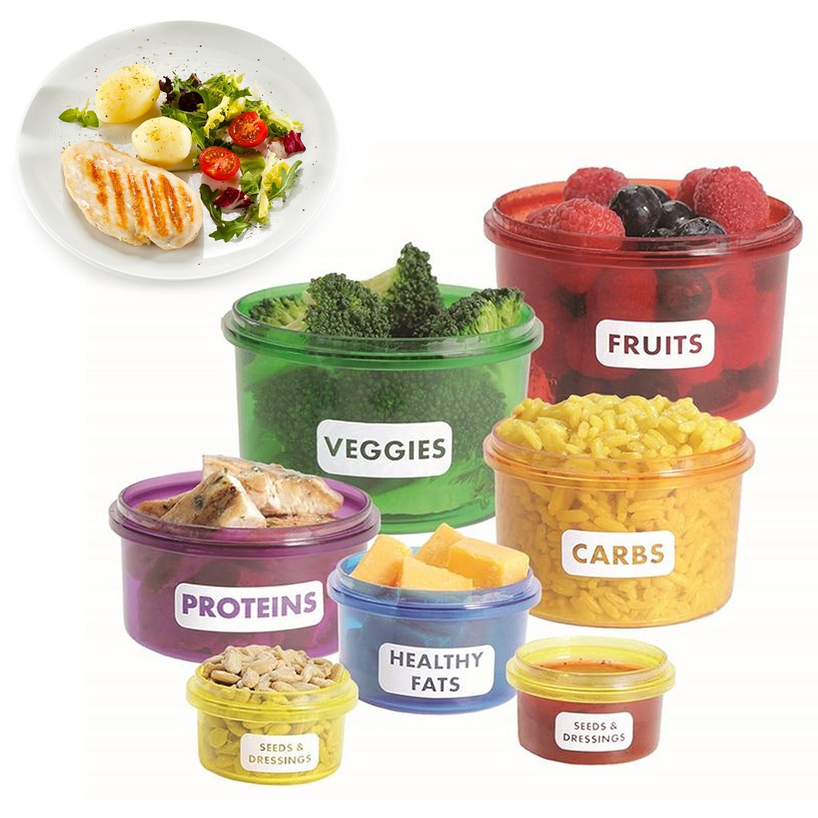 ASAB 7Pcs Food Portions Storage Box Containers Lids Colour Coded Food Group Labelled BPA Free Plastic Perfect Way Lose Weight Healthy