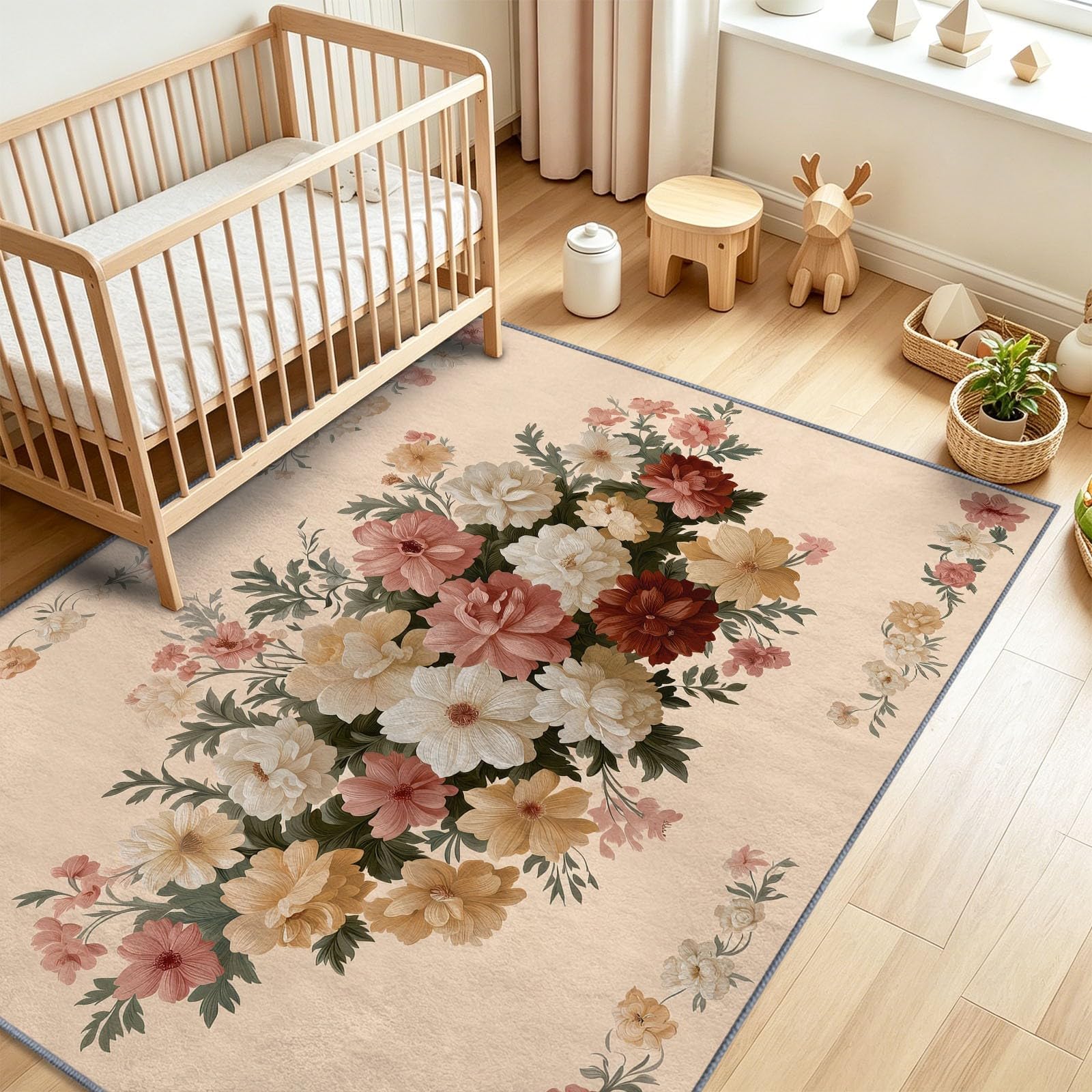 Tappeto lavabile, 80 x 150 cm, motivo floreale selvatico, peonie, per cameretta dei bambini, antiscivolo, a pelo corto, facile da pulire, per soggiorno, camera da letto, corridoio, cucina