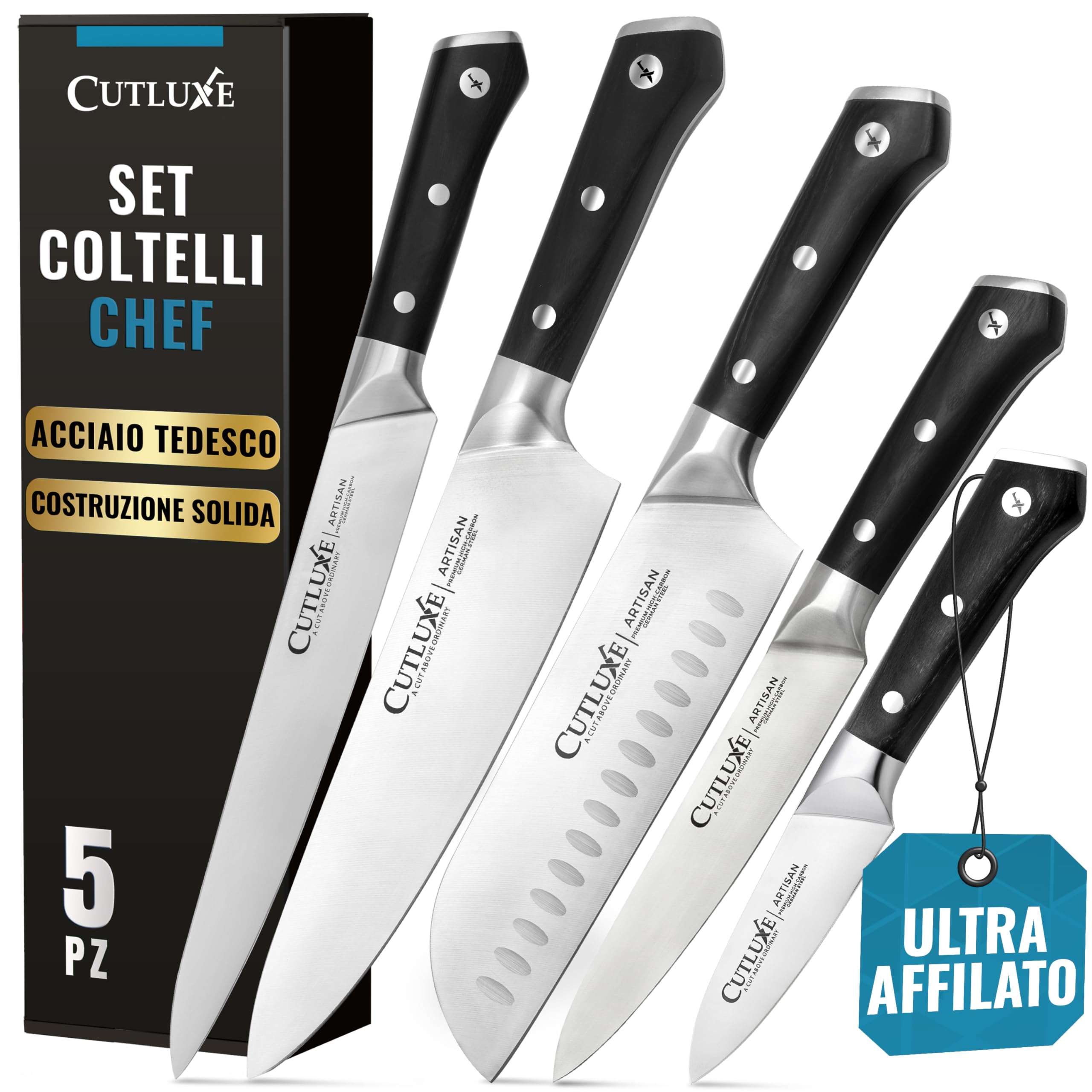 Cutluxe Set 5 Coltelli da Cucina – Acciaio Tedesco, Codolo Intero | Chef 20cm, santoku 18cm, utility 14cm e intaglio 23cm; filo affilato a mano; manico ergonomico