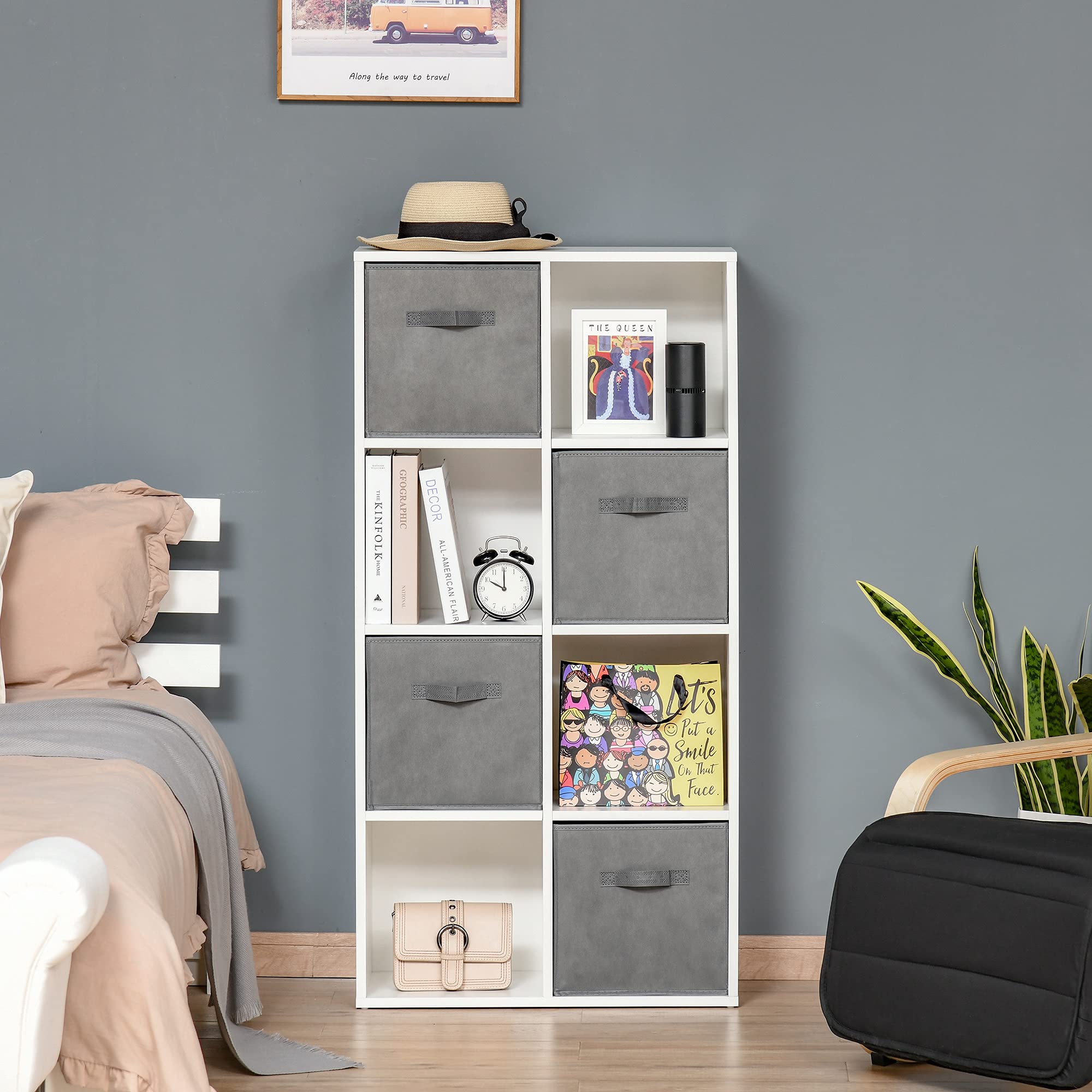 HOMCOM Estantería para Libros 8 Cubos, 61,5x30x121,6 cm Blanco y Gris | Librería Modular, 2 Cajones Extraíbles Tela no Tejida, Oficina Estudio Dormitorio