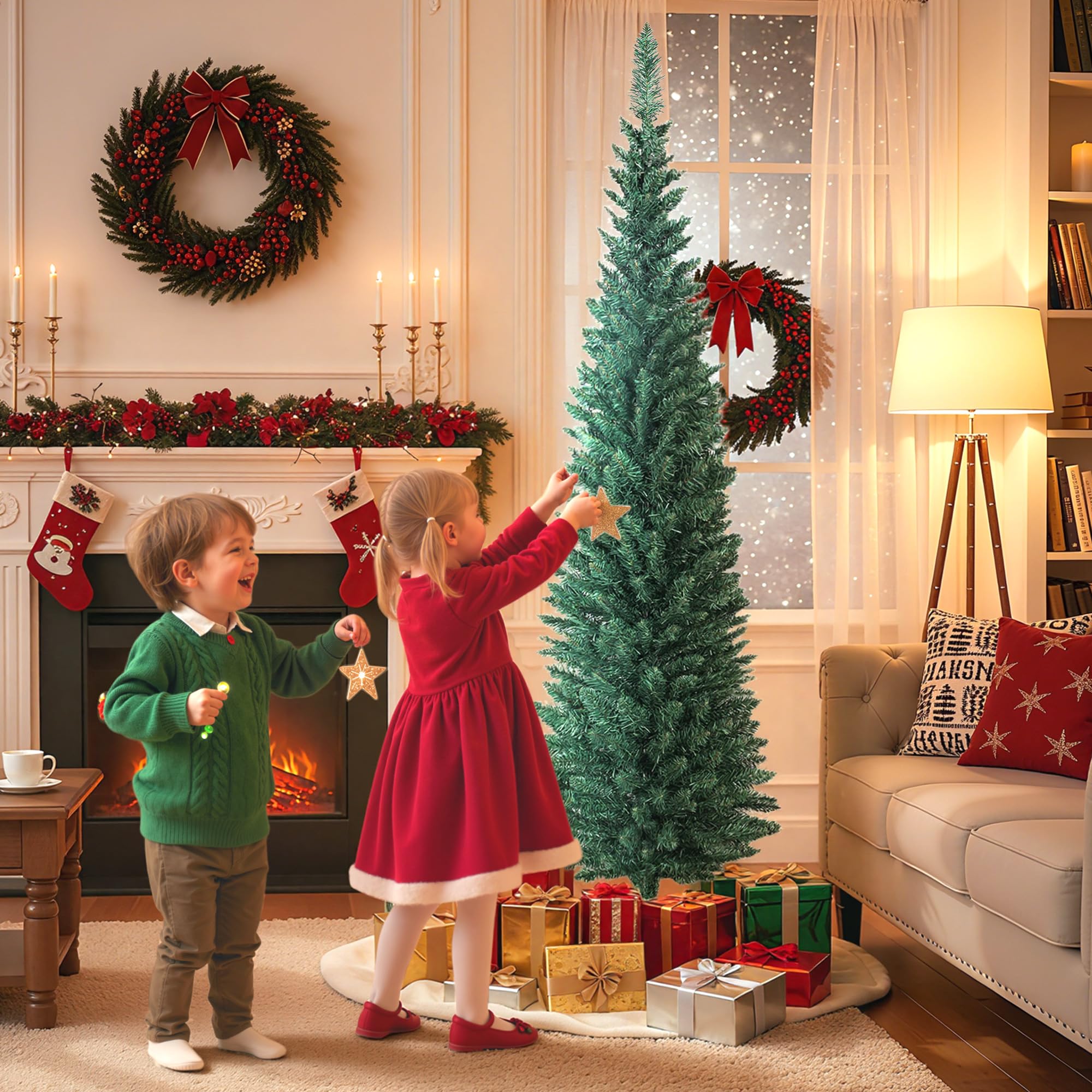 HOMCOM Árbol de Navidad Estrecho 180 cm, Árbol de Navidad Artificial con 321 Ramas, Soporte Metálico, Fácil de Montar, Decoración para Interior, Hogar, Oficina, Verde