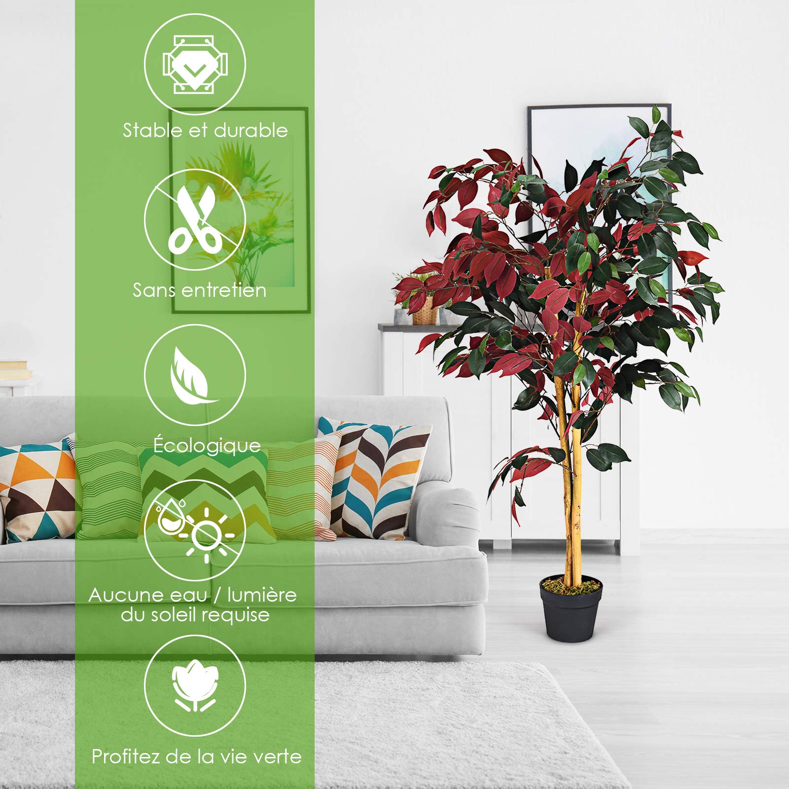 COSTWAY Plante Artificielle Arbre Ficus Artificiel Hauteur 120 CM Décoration Intérieur et Extérieur avec Pot Cimenté pour Salon, Balcon, Chambre, Bureau, Séjour