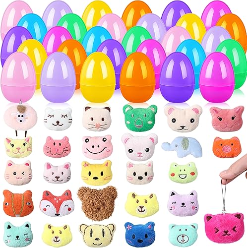 Libima 40 juegos de huevos de Pascua rellenos con mini juguete de peluche para la caza de huevos de Pascua, mini llavero de animal relleno de huevos