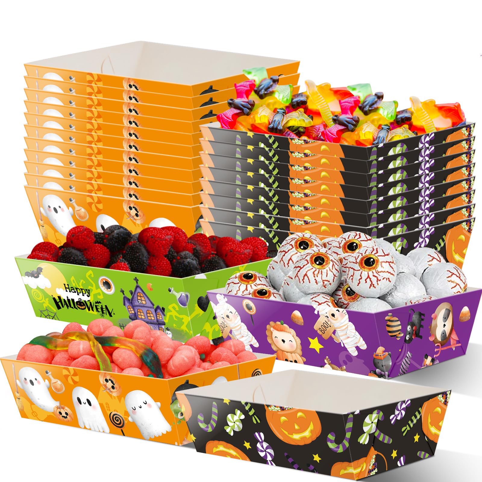 Dunzoom 60 Pcs Pastel Halloween Paper Food Trays Ghost Disposable Plates Grease Resistant Ghost Food Boat Bowls Nacho Snack Hot Dog Serving Tray For Pastel Halloween Party Decorations Supplies - View #3