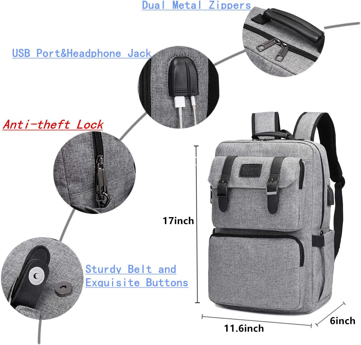 YALUNDISI Laptop Backpack for Women Men Vintage Backpack Bookbags Anti Theft Bookbag 16 inch Grey - Image 5