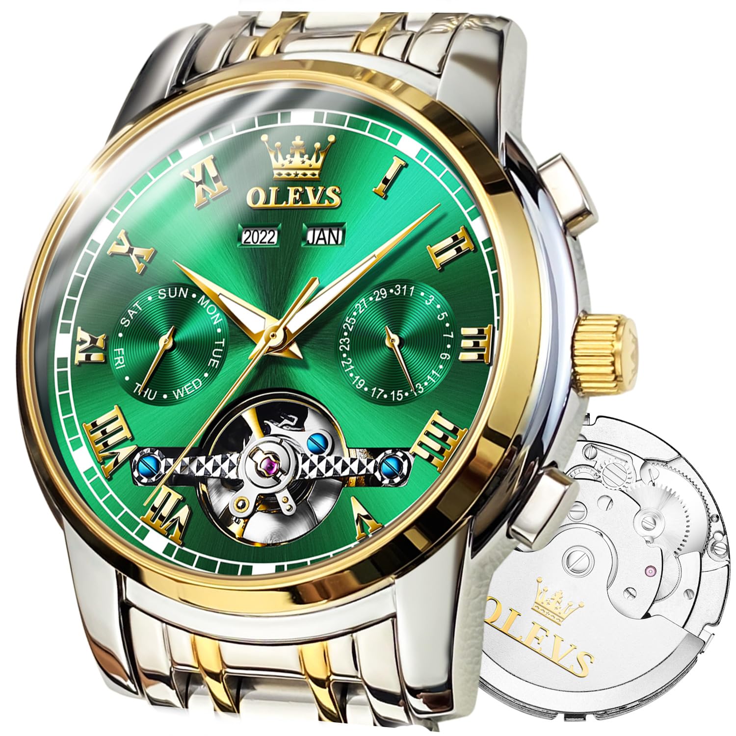 OLEVS Watch Men Watches for Men Automatic Large Face Wind Up Green Face Mechanical Self Winding No Battery Skeleton Casual Waterproof Fashion Luxury Original Sliver Gold Stainless Steel Two Tone Men's Wist Watches relojes para hombres