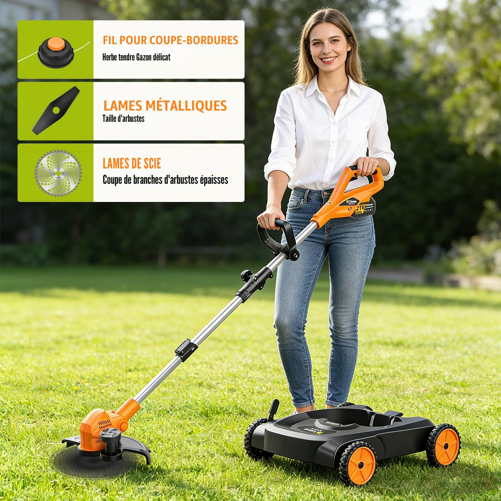 Tondeuse à Gazon sans Fil 3-en-1, débroussailleuse & Coupe-Bord, Moteur sans balais 3000W, 18,9" 3 Lames, 2×4.0Ah, Hauteur & Angle réglables, Convient pour Le désherbage (Black)