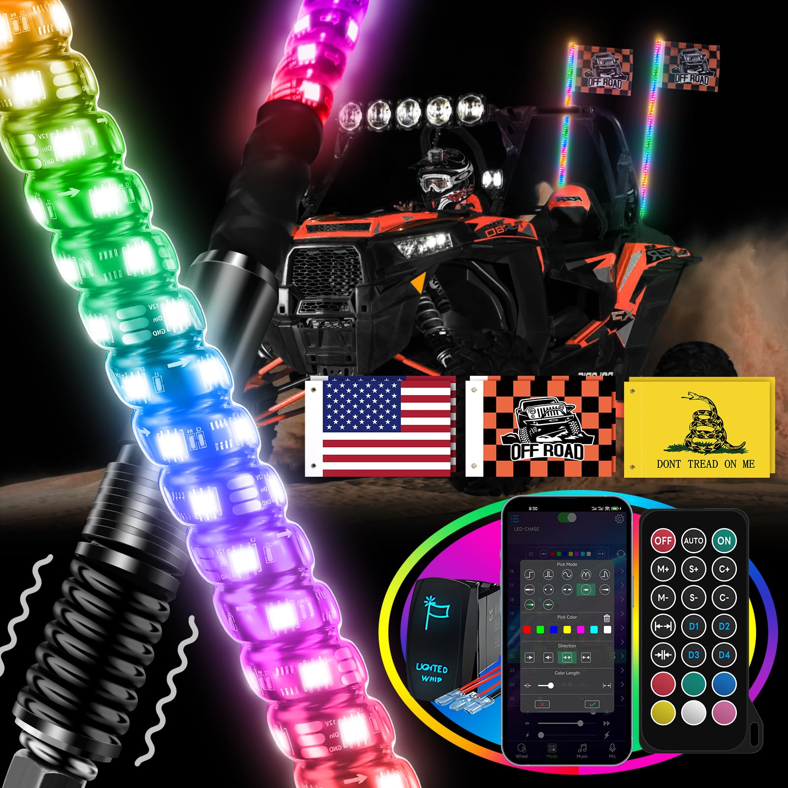 2PCS 4FT Whip Lights with Spring Base, LED Whip Lights with App &amp; Remote Control,Spiral RGB Chasing Lighted Antenna with Rocker Switch, Music Whip Light for UTV ATV Polaris RZR SXS Jeep Truck
