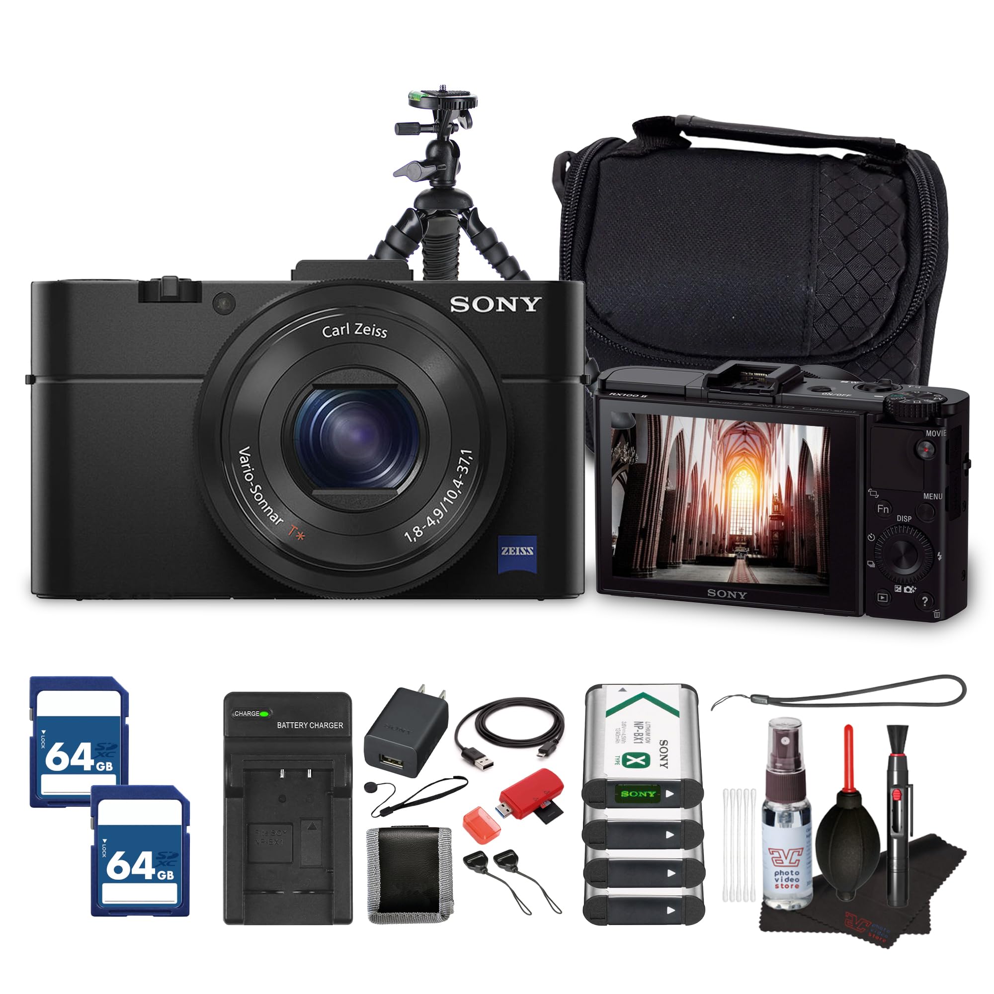 Sony RX100 II Digital Camera | Compact Premium Camera with 1" Sensor & Wi-Fi Bundle (DSC-RX100M2/B) + 2 x 64GB Card + Camera Bag + Battery Charger + 3 x Replacement for NP-BX1 + More (18 Items)