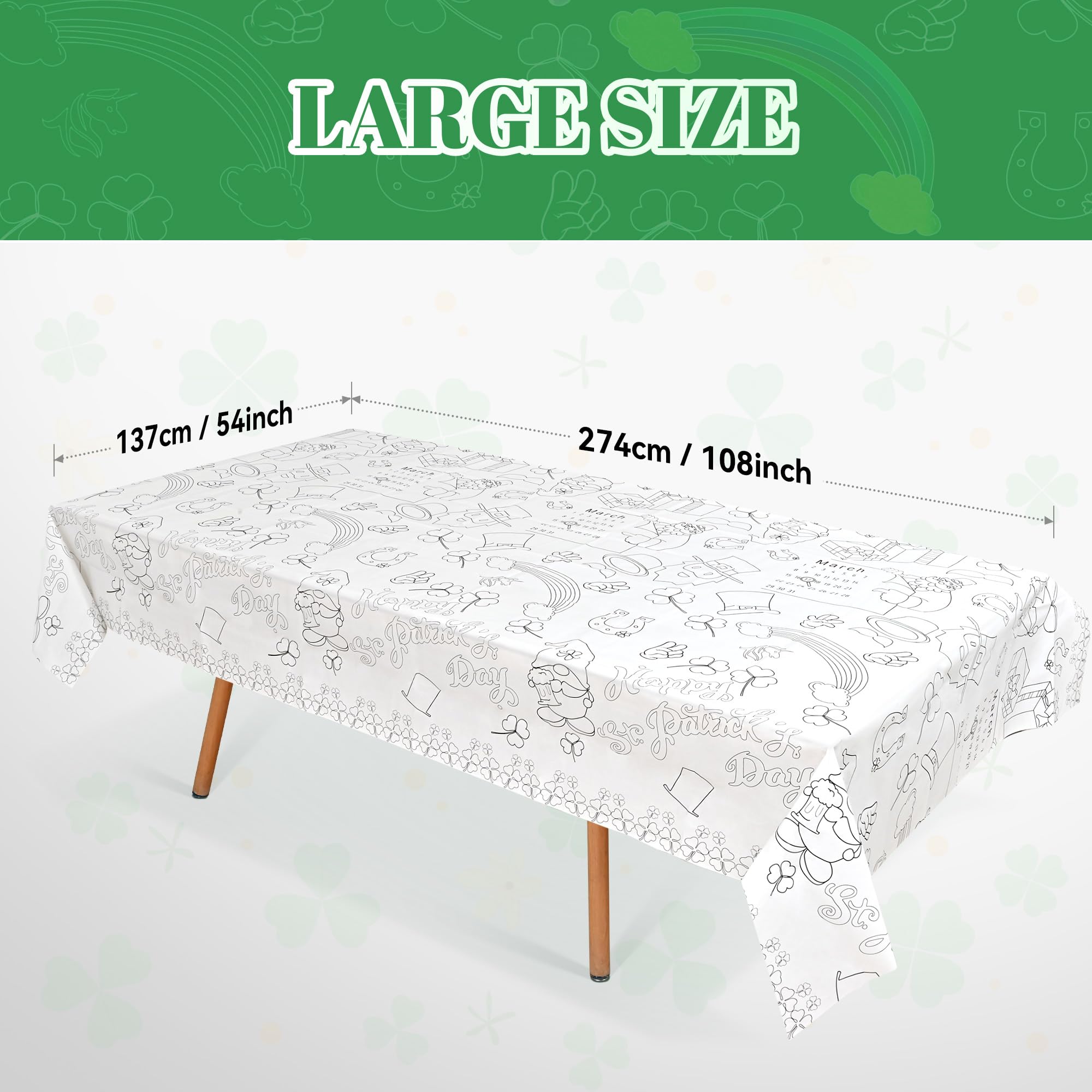 JeXuran 2 Pack St. Patrick's Day Coloring Tablecloths 54x108 Inch, Happy St. Patrick's Day Shamrock Gnome Color-in Paper Disposable Table Cover for Kids, St.Patrick’s Day Party Decorations Supplies