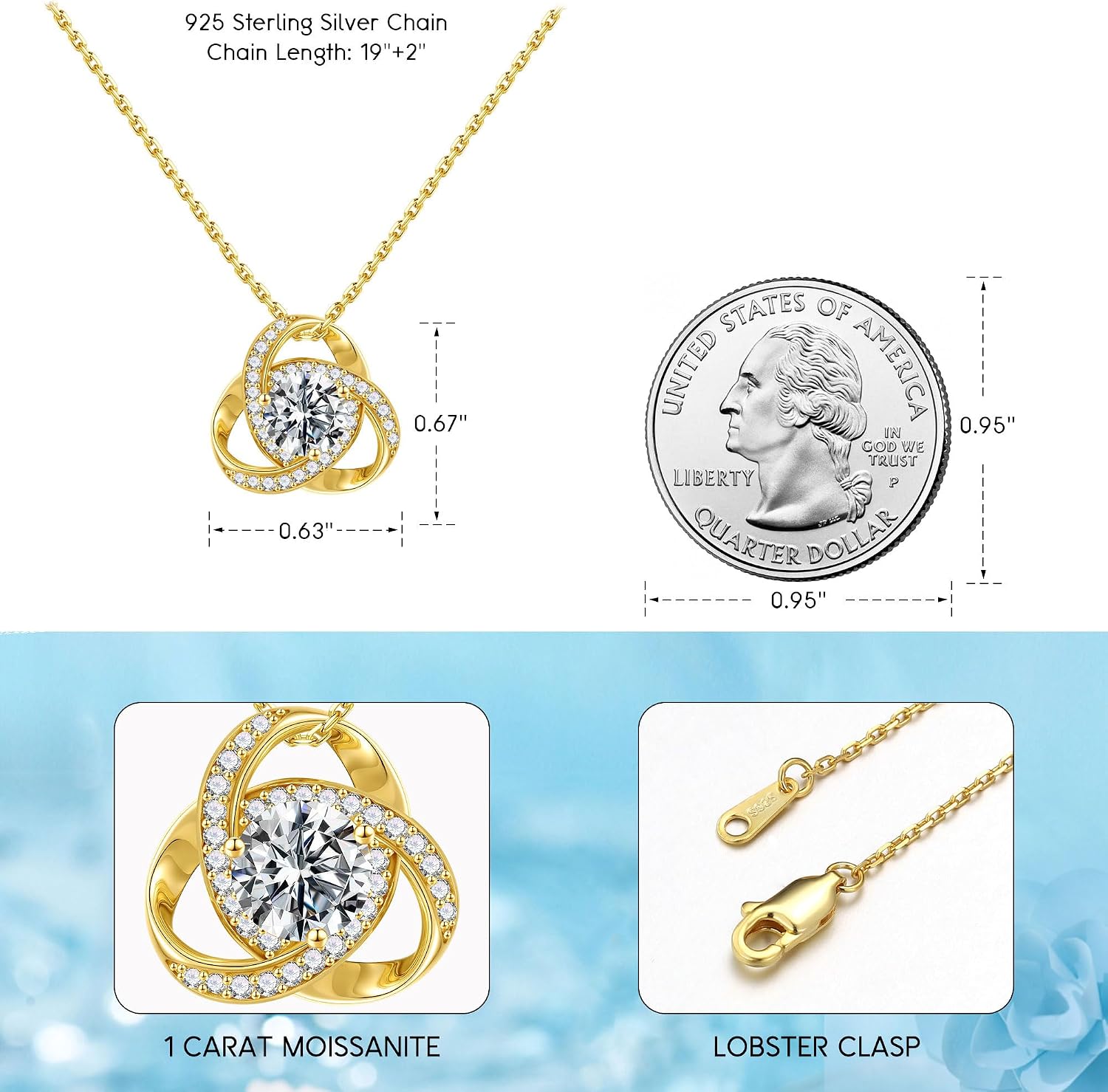 MOOSEA 1-3 ct Love Knot Moissanite Necklace, Lab Created Moissanite 925 Sterling Silver Pendant Necklace Anniversary Birthday Gifts for Women Wife Mom Girlfriend Grandma