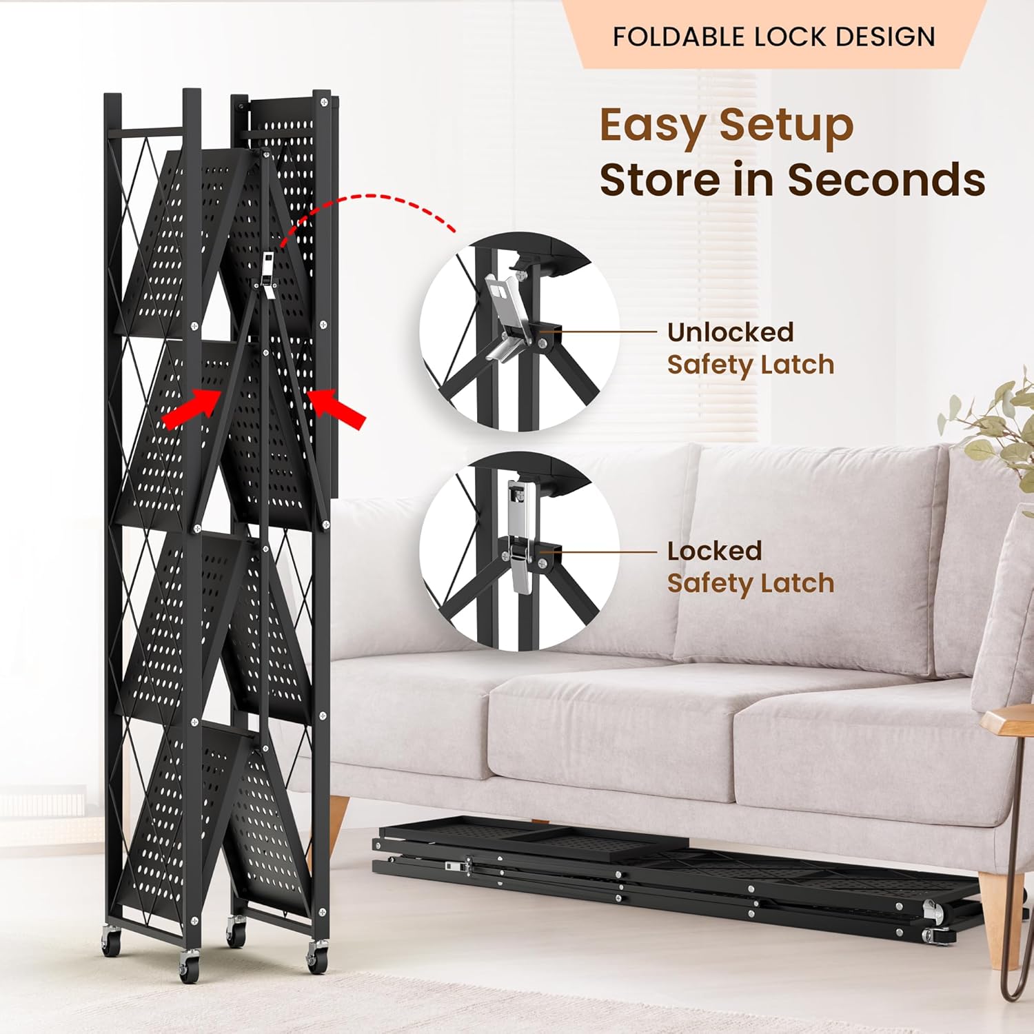 5-Tier Foldable Storage Shelf with Wheels | Metal Rack Collapsible Shelving Display | Rolling Cart for Books Kitchen Storage Shelves | Pantry & Closet Organizer | Office Room Decor