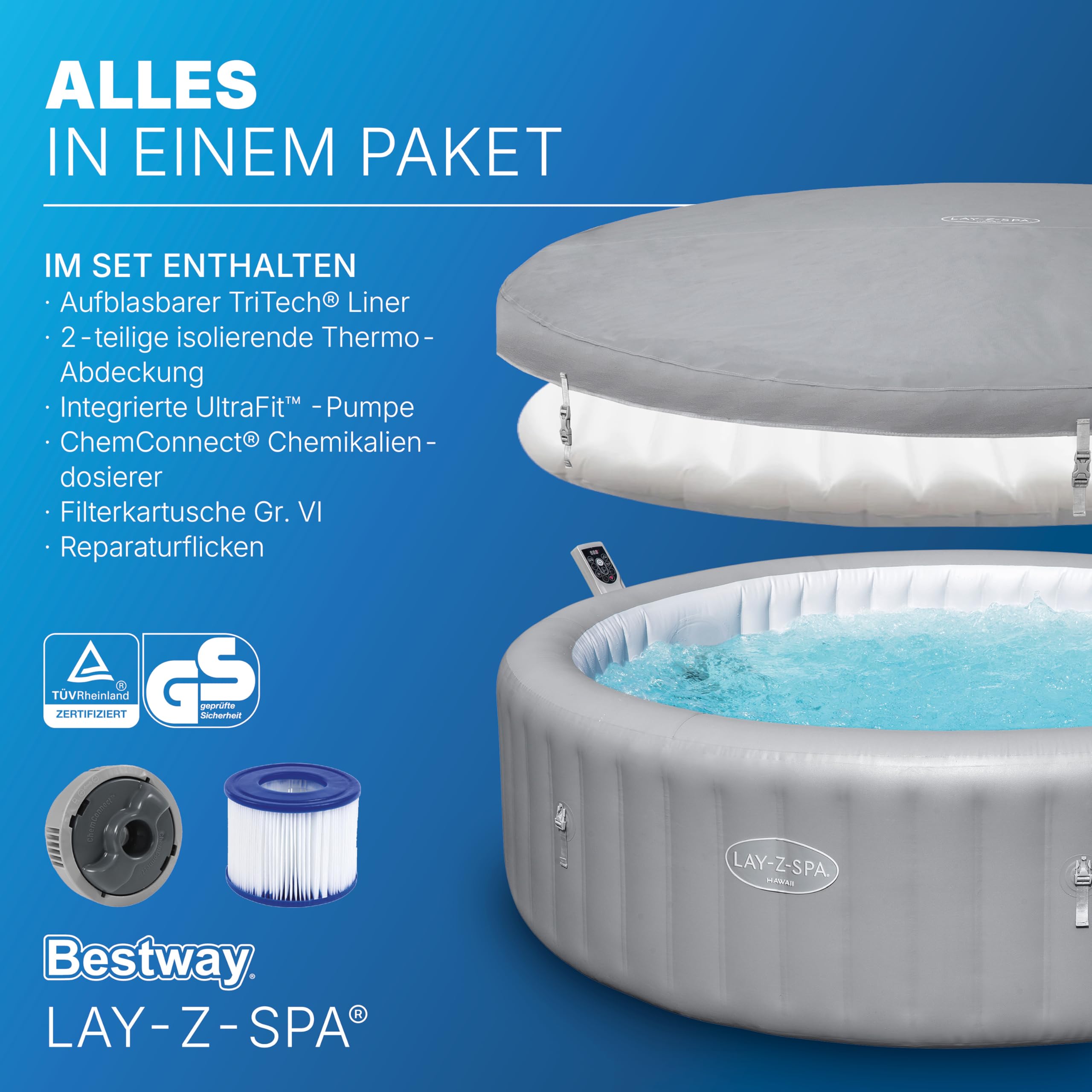 Bestway Lay-Z-Spa Hawaii AirJet Whirlpool Ø236 x 71 cm – Aufblasbarer Outdoor Jacuzzi für 8 Personen, 190 AirJet Düsen, EnergySense Dämmung, App-Steuerung, Heizung 40 °C, Frostwächter, TriTech PVC