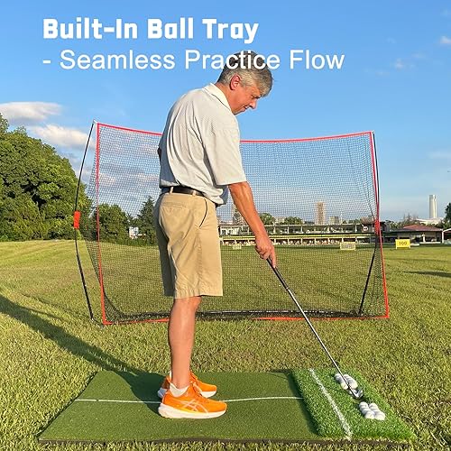 Miniatura 4 de Alfombrilla de golf de doble césped de 451.969 in, bandeja de bolas integrada, ayuda de alineación, tapete de golf para práctica al aire libre e