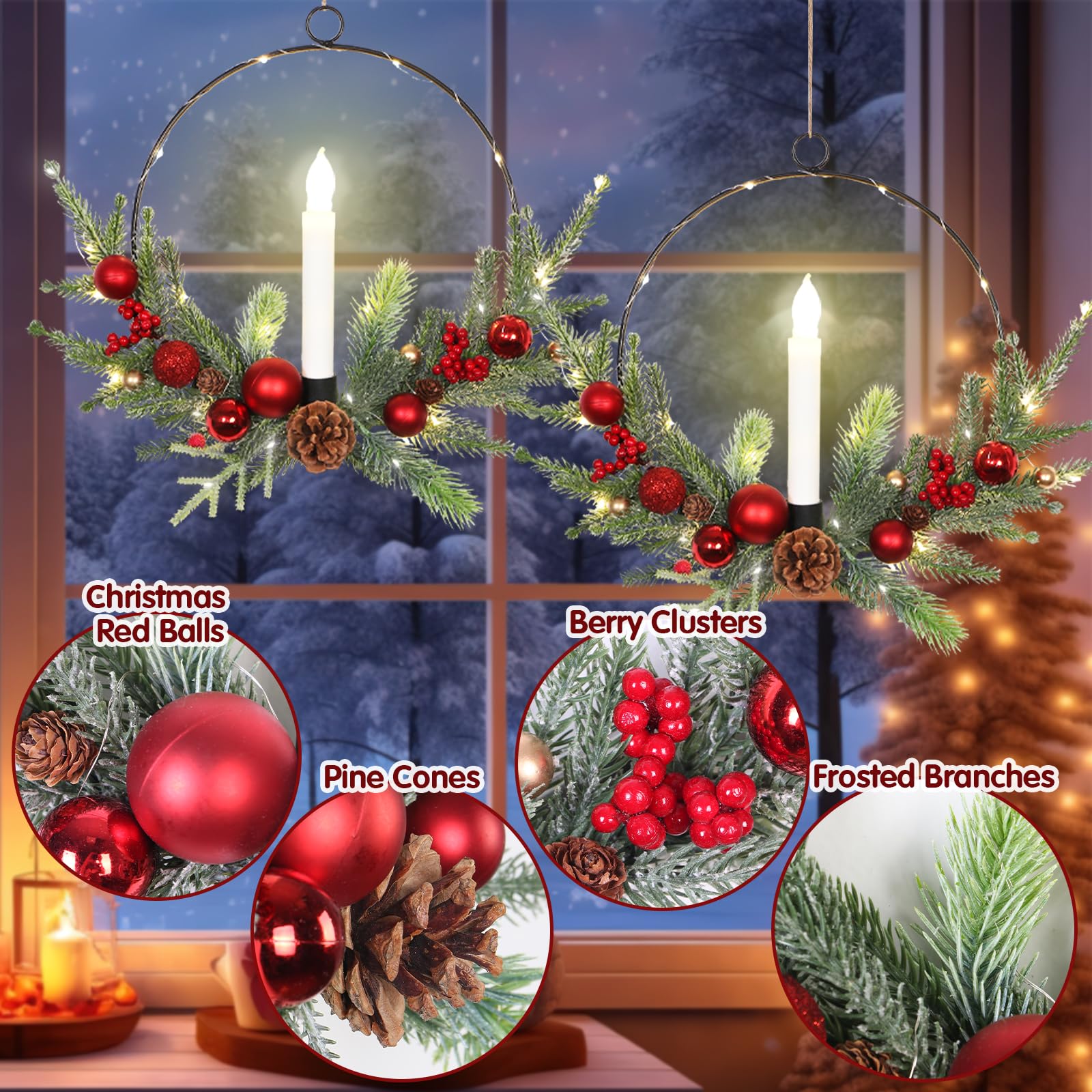 Dremisland Juego de 2 Corona Navidad Puerta con Luces 40cm Coronas de Navidad con Velas Corona de Adviento con Piñas Bayas Guirnalda Navidad Corona Artificial Decoración Navideña Chimenea Ventana