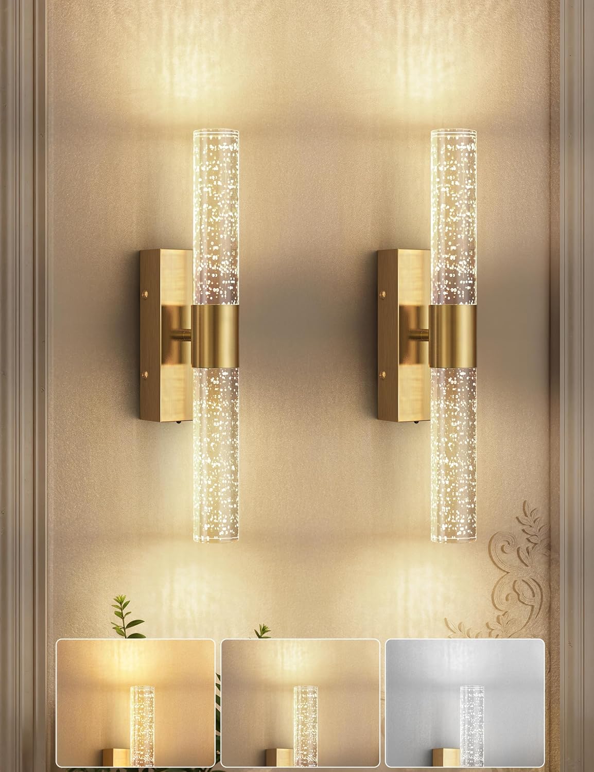 JOFIOS Battery Operated Wall Sconce Set of 2,3CCT,Dimmable,10400mAh,Gold Modern Rechargeable Wall Sconce with Remote,Wireless Wall Lights for Bedroom,Living room,Hallway(15.3 inch)
