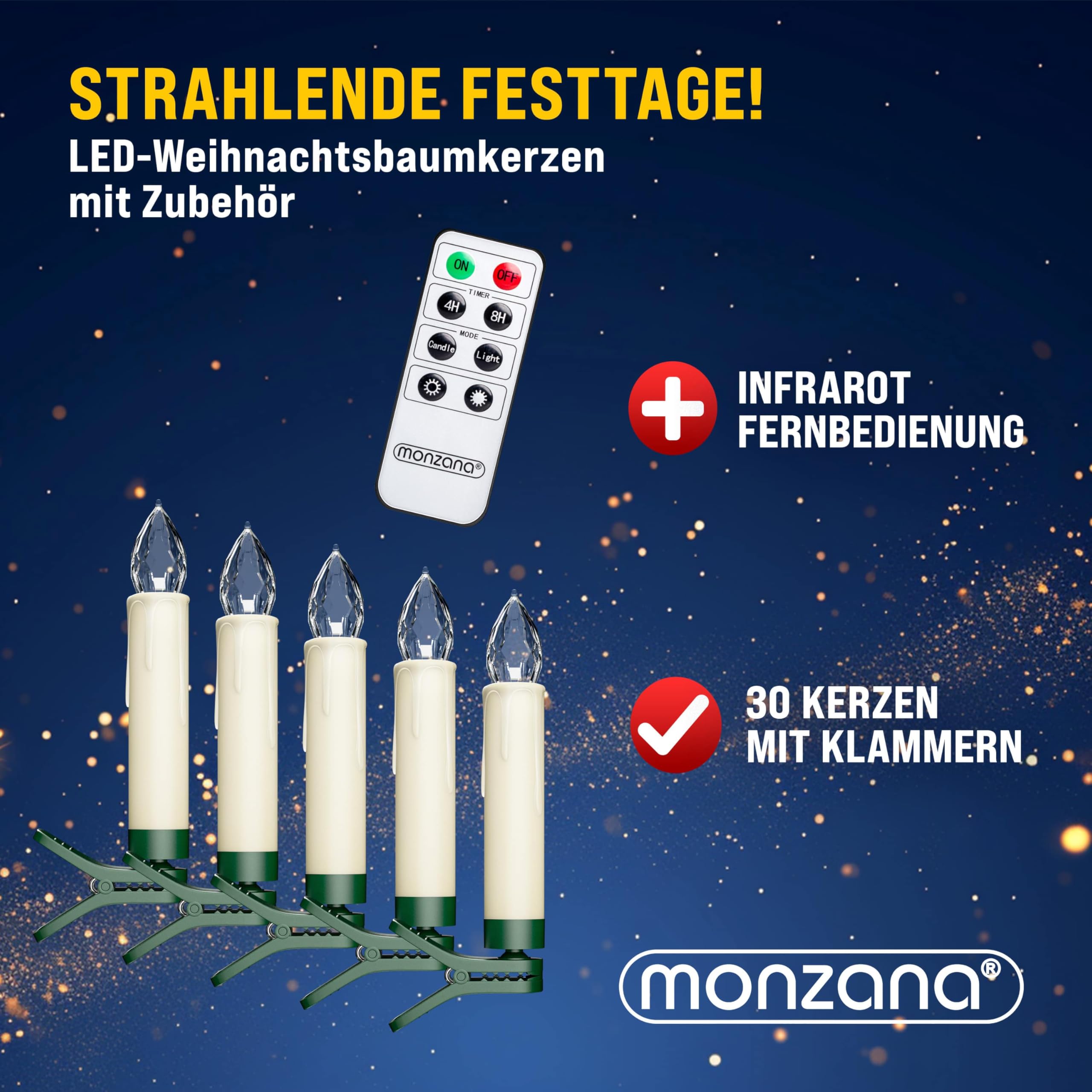 DEUBA® Weihnachtsbaumkerzen LED Kabellos 30er Set Batterie Timer Fernbedienung Echtwachs Optik Lichterkette Weihnachten Flackernd Warmweiß Christbaum
