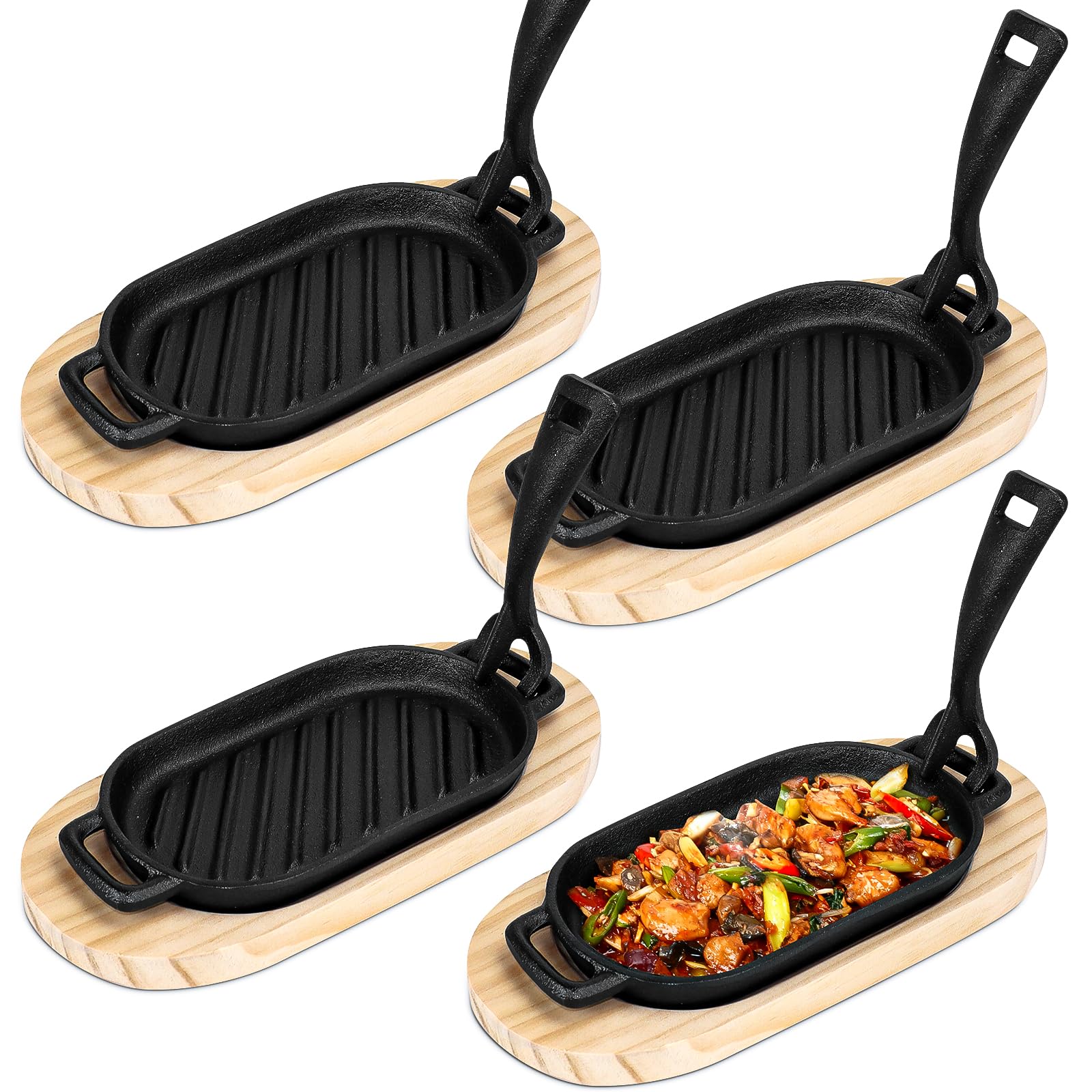 4 Sets Small Cast Iron Fajita Skillet Pan Set Sizzling Steak Platter with Wooden Base and Removable Handle Cast Iron Grill Frying Pan for Home Restaurant Kitchen Cooking