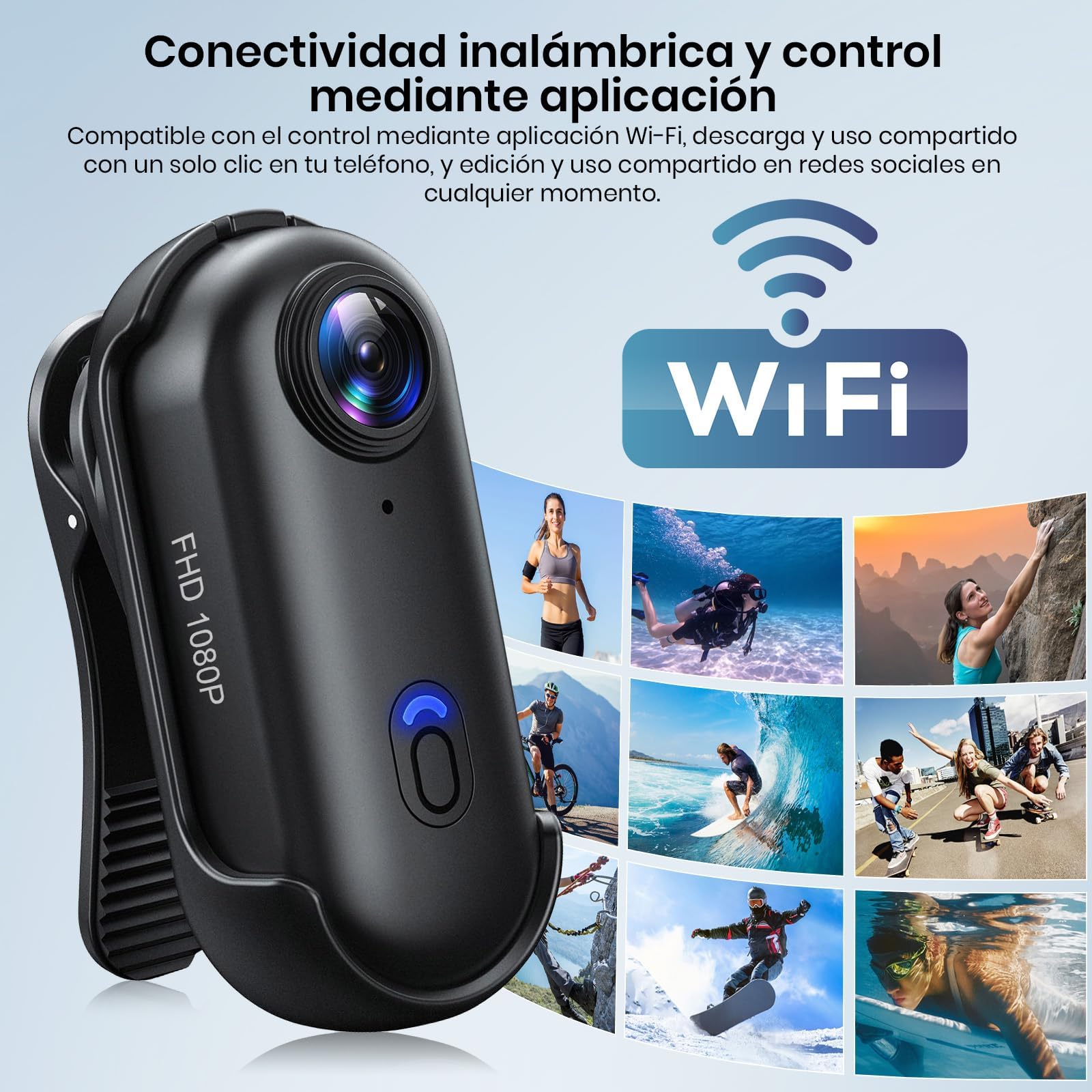 Cámara de Acción 360°, Mini Cámara Corporal POV, Subacuática 30m, WiFi, Gran Angular 120°, +10 Accesorios para Ciclismo, Viajes, Mascotas, Caminatas, Deportes + Tarjeta 64GB