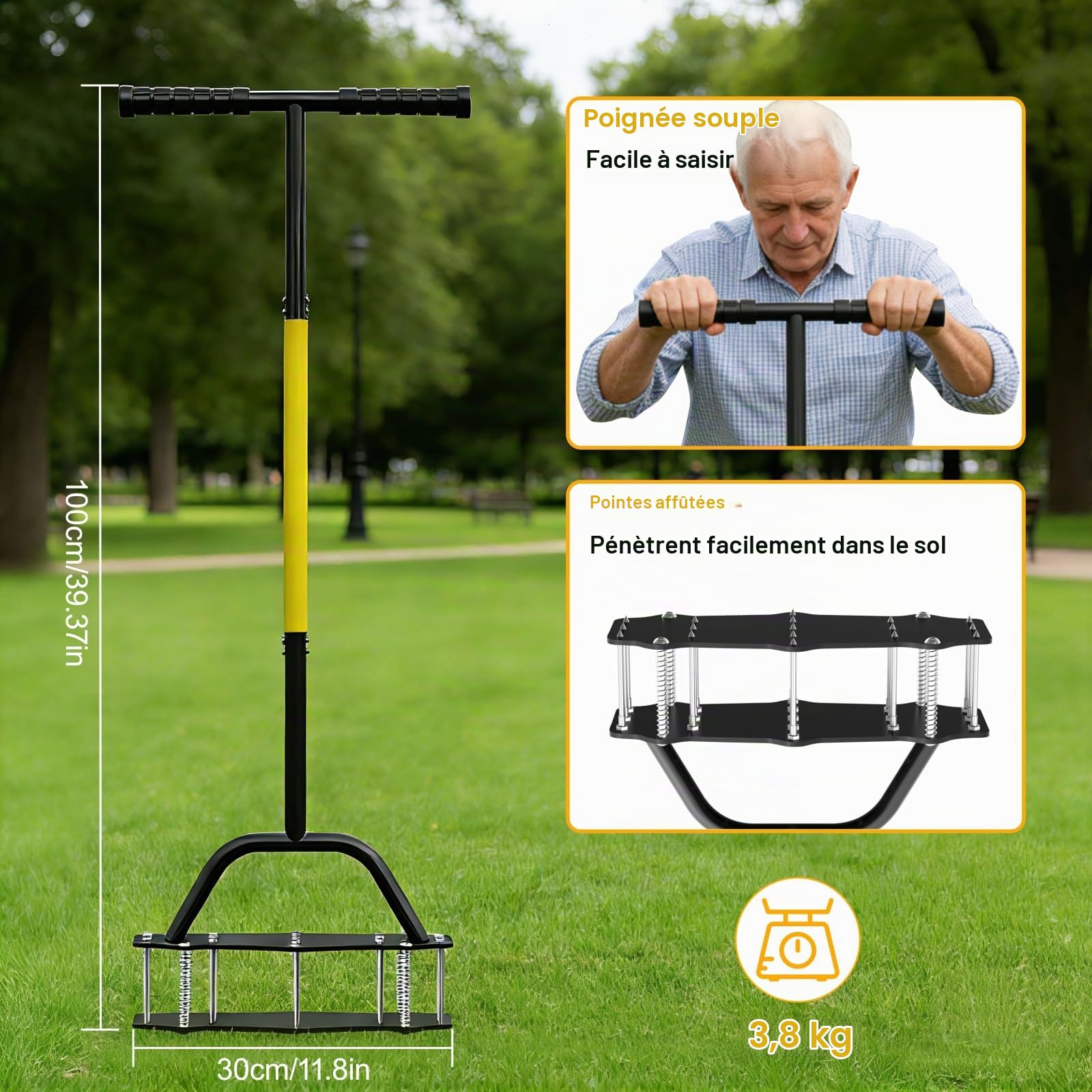 Aérateur de pelouse 16 Broches, aérateur de Manuel avec Nettoyage Automatique. pour Les sols compactés dans la Cour - idéal pour l'entretien de la pelouse dans Le Jardin et la Cour
