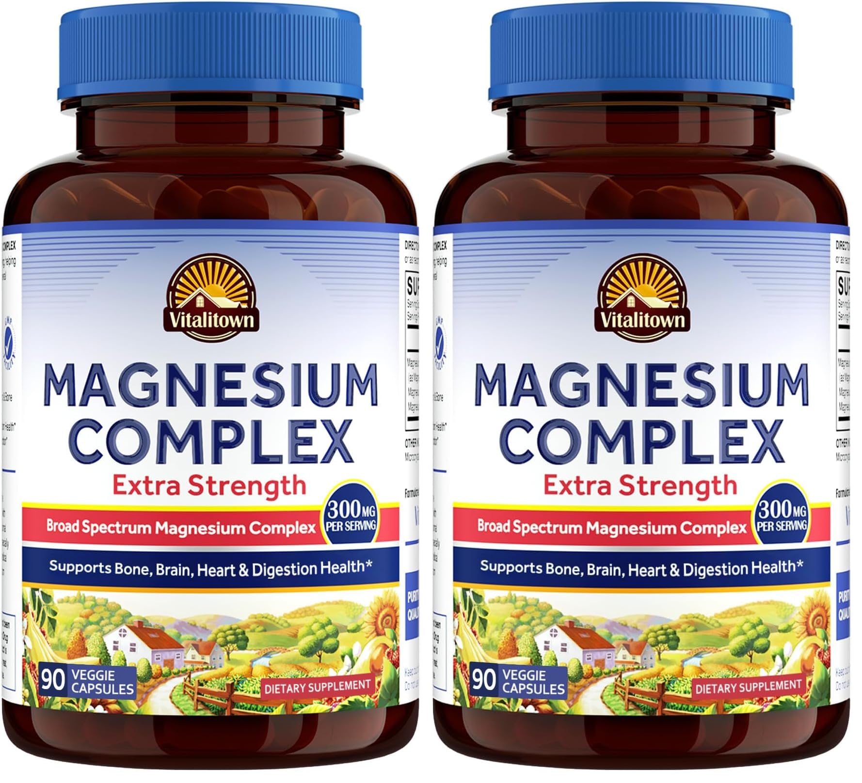 Vitalitown Magnesium Complex Supplement | 300mg Elemental Mag | Magnesium Citrate Glycinate Taurate Malate | Non-GMO, No Gluten, 90 Vegan Magnesio Capsules for Bone Brain Heart (Pack of 2) 90 Count (Pack of 2)