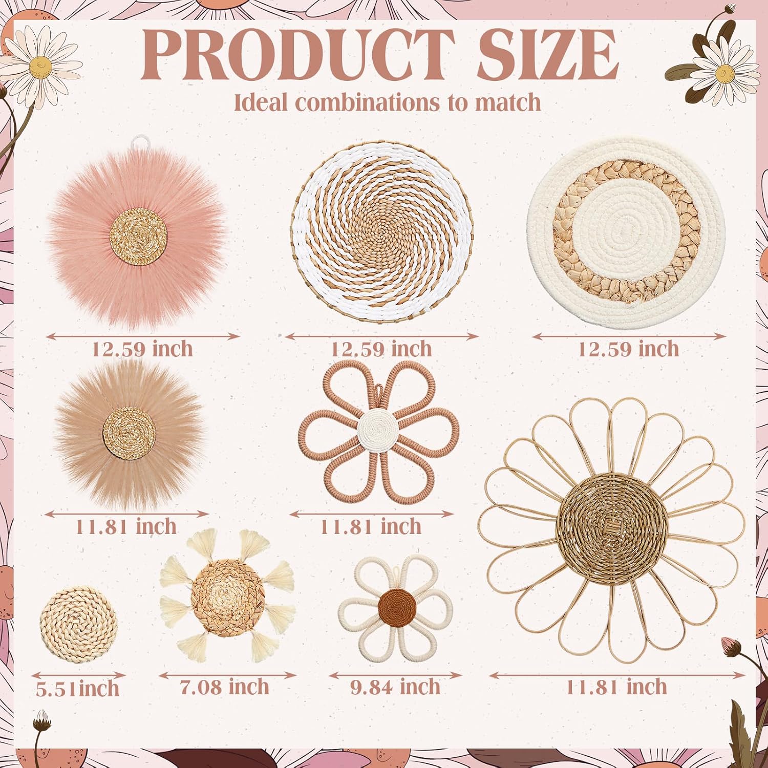 Chunful 9 Pcs Boho Nursery Wall Decor Daisy Flower Woven Macrame Seagrass Rattan Basket Wall Hanging Bohemian Decorations Gifts for Home Dorm Art Farmhouse Bedrooms Living Room(Pink Brown)