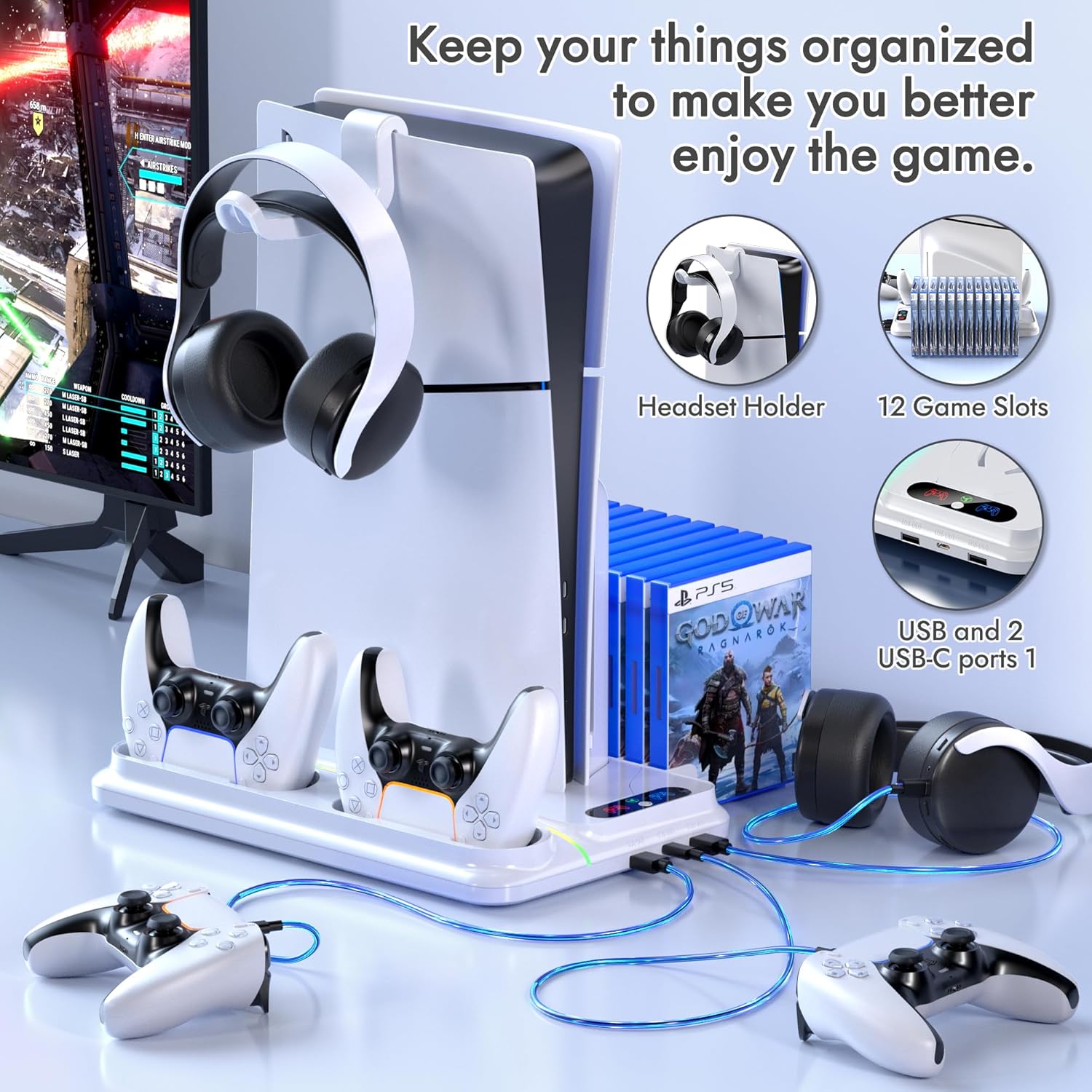 PS5 Cooling Station for PS5/Slim/Pro Disc Digital Console,PS5 Fan Cooling Fan with Dual PS 5 Controller Charger,3 Level Fan, RGB Light,12 Slot, PS5/Slim/Pro Stand for PlayStation 5 Console Accessories - Image 7