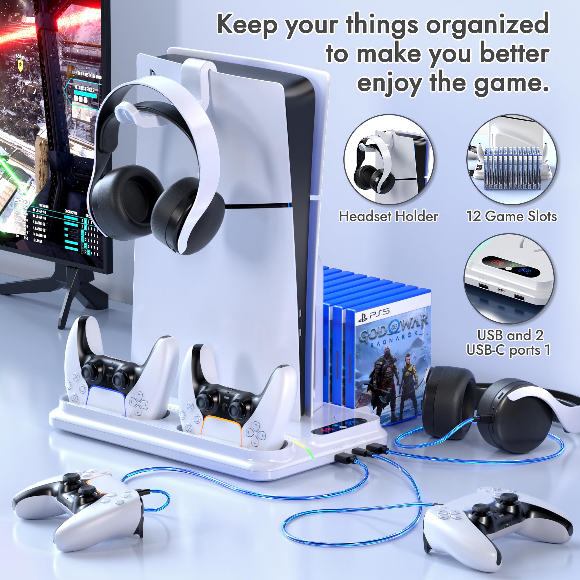 PS5 Cooling Station for PS5/Slim/Pro Disc Digital Console,PS5 Fan Cooling Fan with Dual PS 5 Controller Charger,3 Level Fan, RGB Light,12 Slot, PS5/Slim/Pro Stand for PlayStation 5 Console Accessories thumbnail 14