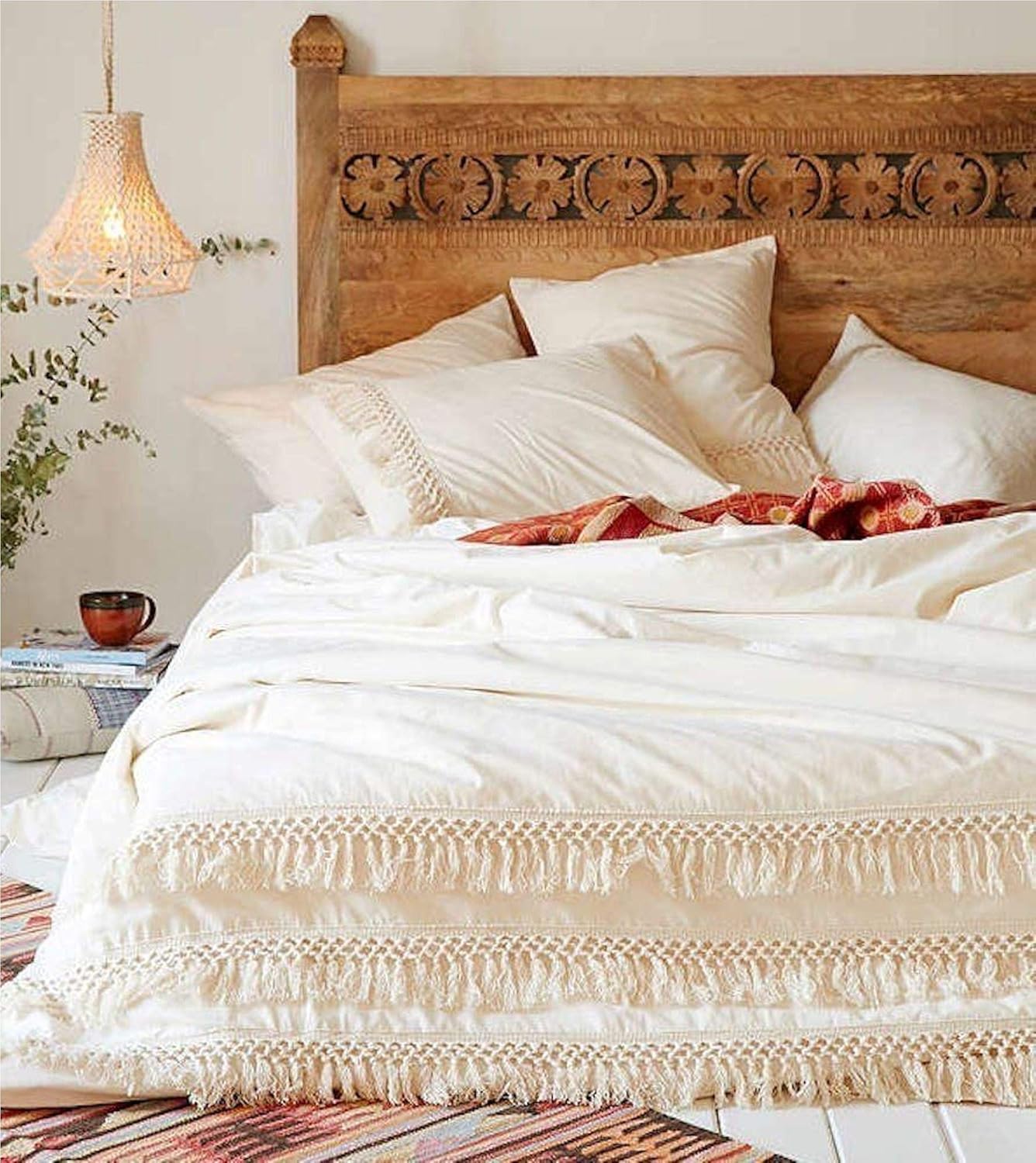 Bohemian Dorm Decor Off White Doona Duvet Cover with Fringes Boho Comforter cover Quilt Cover Hippie Bedding Sheet Boho Bedspread With 2 Pillow 2 Cushion Set (Queen Size 88x95 Inches)