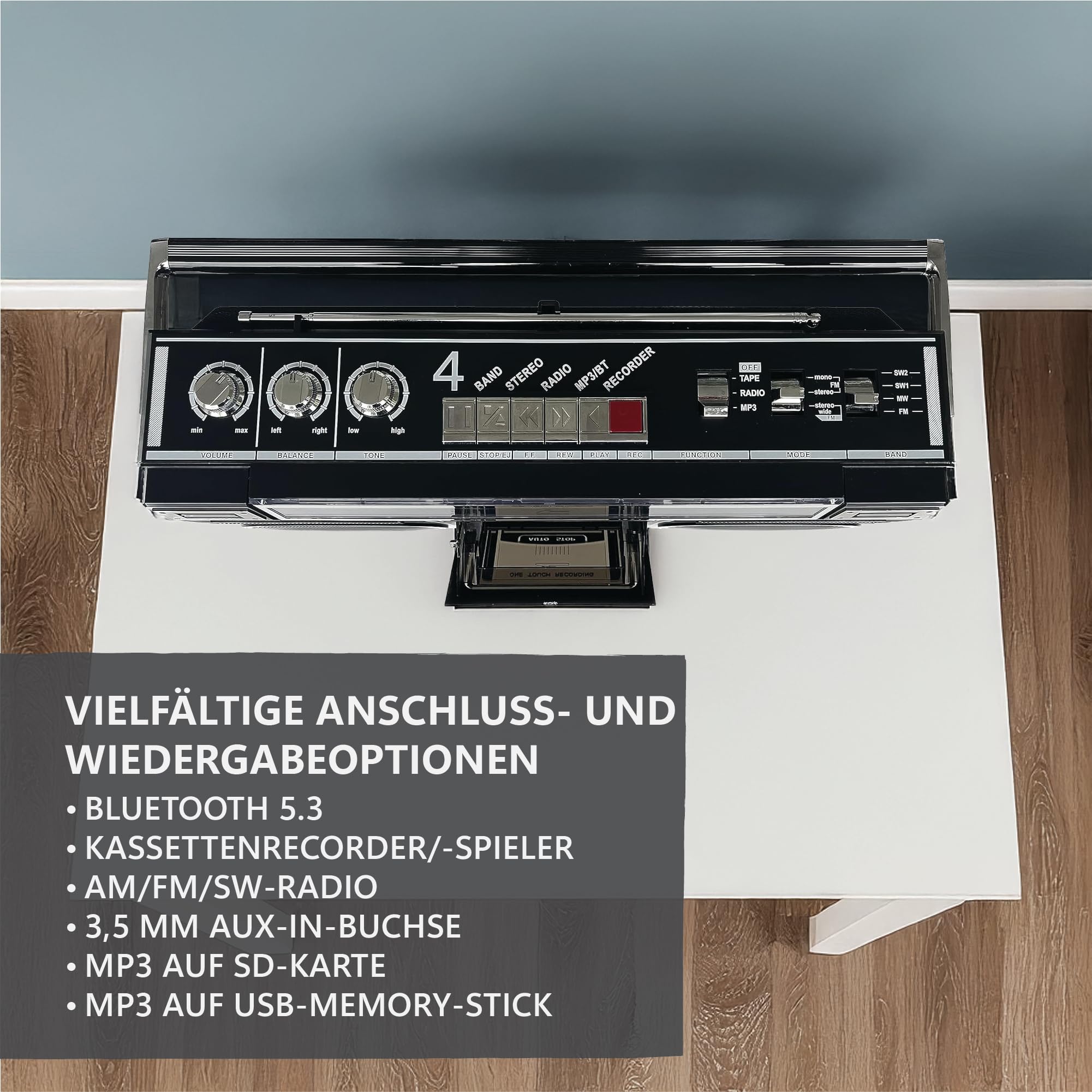 Silva Schneider PCR 1980 BT Tragbarer Retro-Kassettenrecorder mit Bluetooth und Recording Funktion