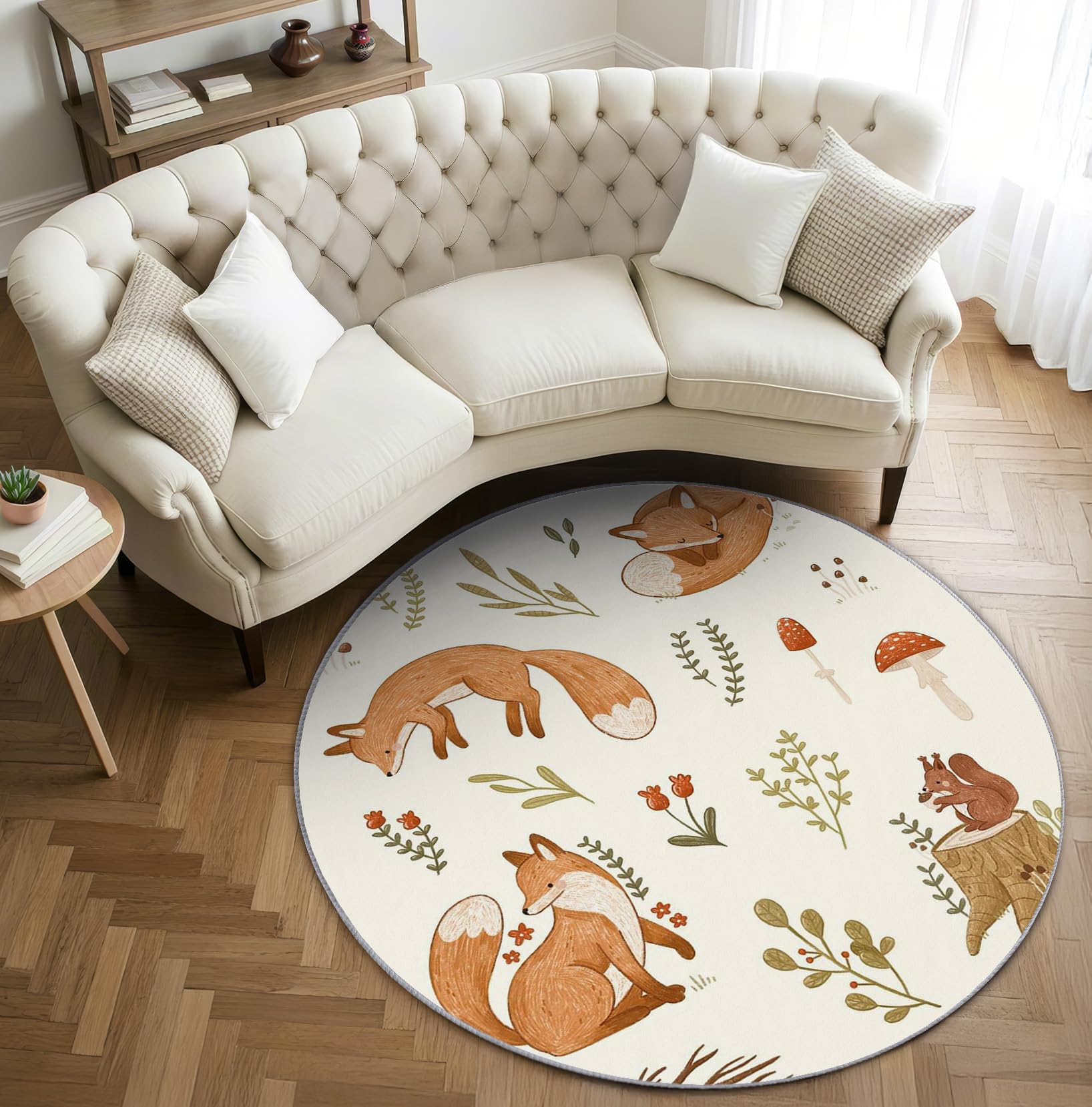 Fuchs Teppich Rund 120cm Kurzflor - Waschbare Teppiche Wohnzimmer Kinder Cartoon Tiere - Runder Teppich 120 Durchmesser Kinderzimmer - Bettvorleger Schlafzimmer rutschfest Weich