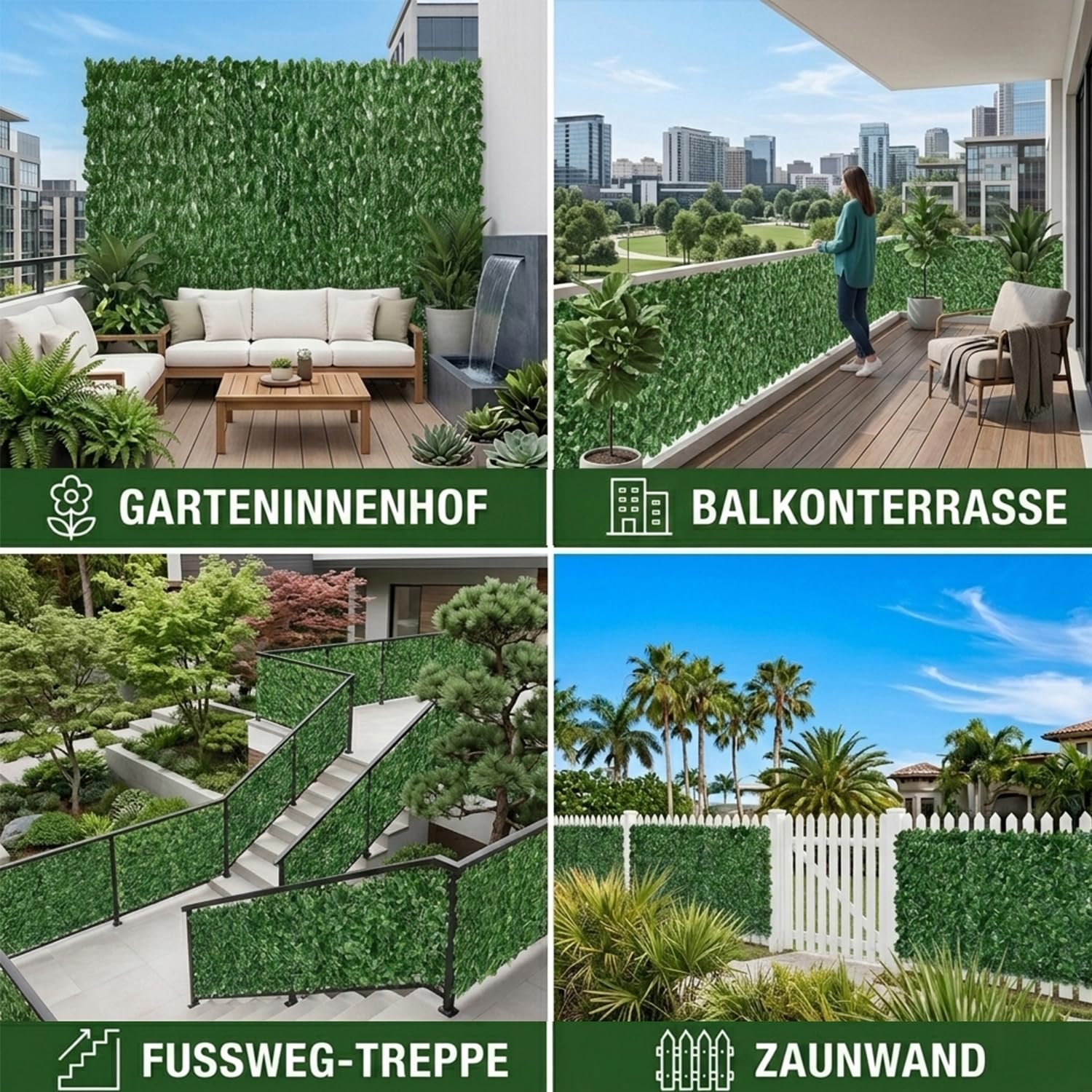 Künstliche Efeu Garten Sichtschutz,Balkon Sichtschutz,Künstliche Efeu Blatt Dekoration für Gartenhecken Balkon Außendekoration 100 x 300 cm