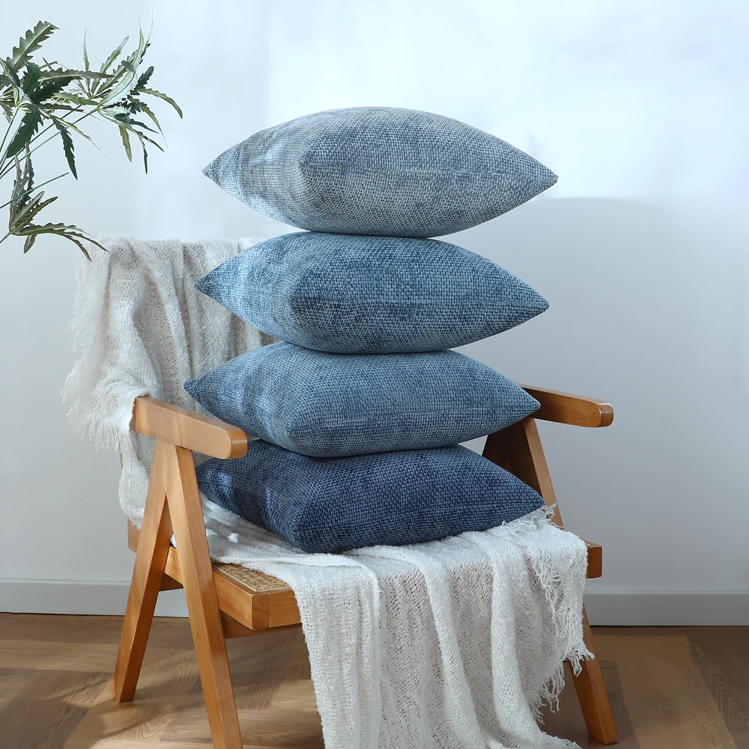 Stellhome Set of 4 Neutral Decorative Throw Pillow Covers Soft Chenille Woven Textured Luxury Accent Cushion Cases for Living Room Couch Bed Sofa Farmhouse Boho Home, 18x18 inch, Neutral Blue